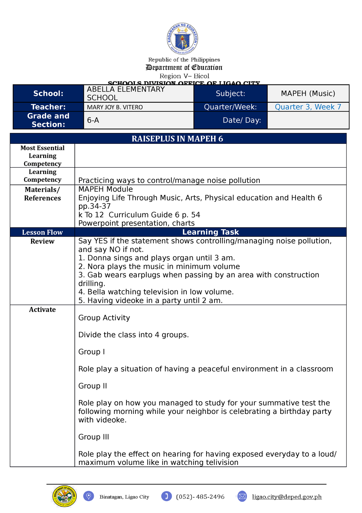 Mapeh-Week-8 - Mapeh - School: ABELLA ELEMENTARY SCHOOL Subject: MAPEH ...