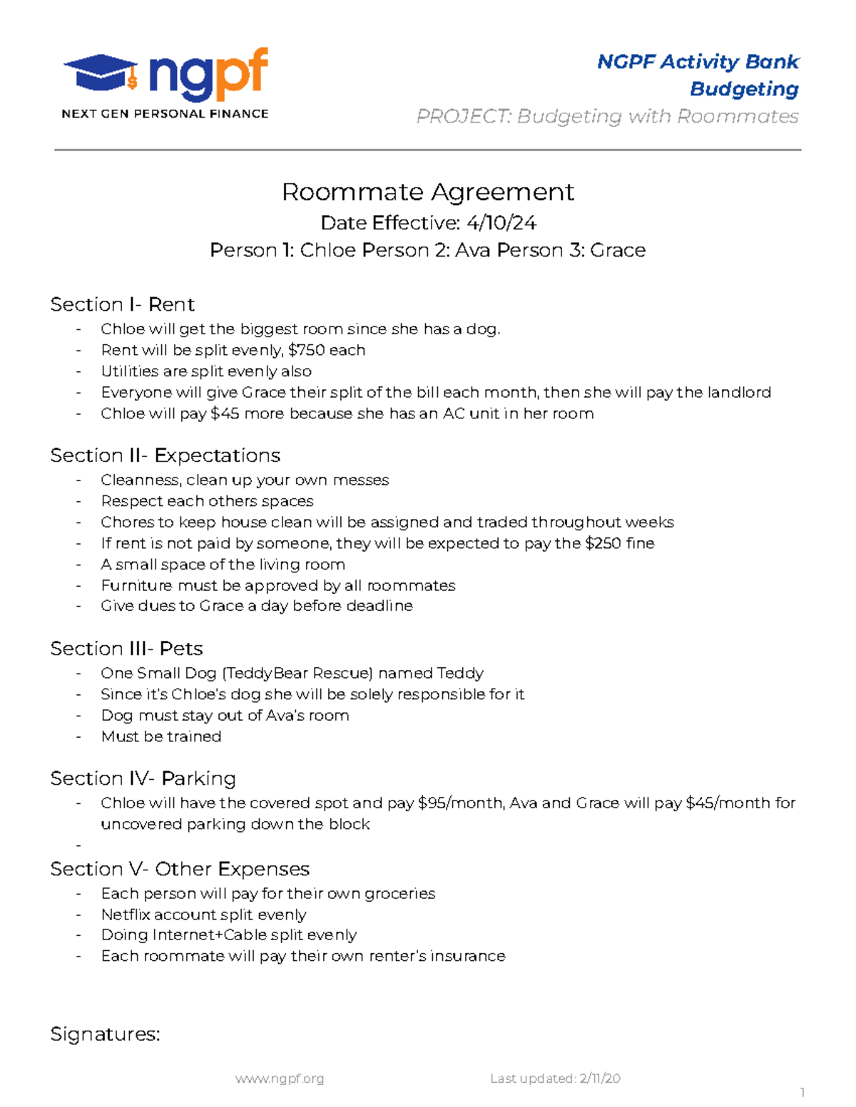 Budgeting with Roommates ( Agreement) - NGPF Activity Bank Budgeting ...