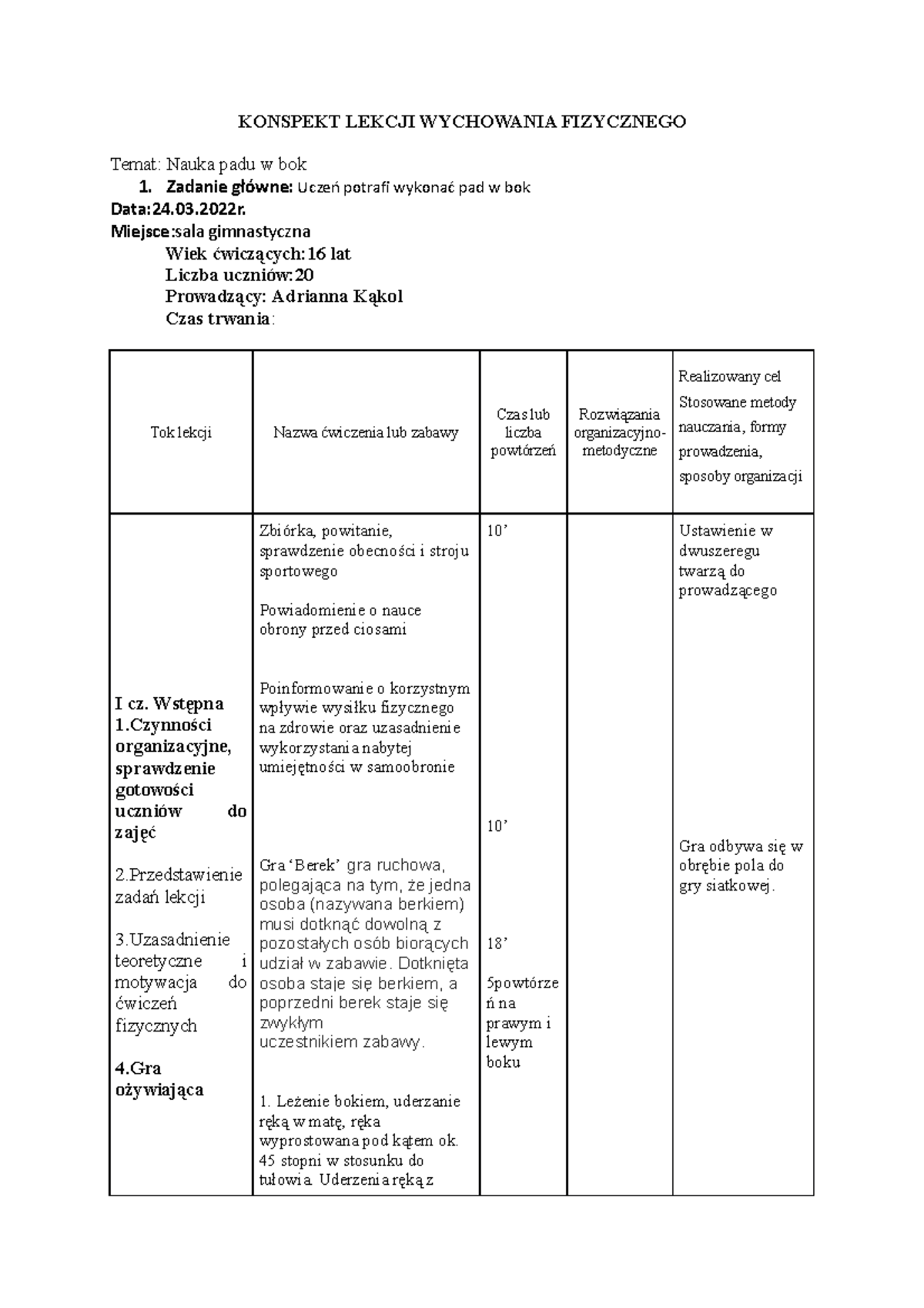Pad w tył-metodyka nauczania - KONSPEKT LEKCJI WYCHOWANIA FIZYCZNEGO