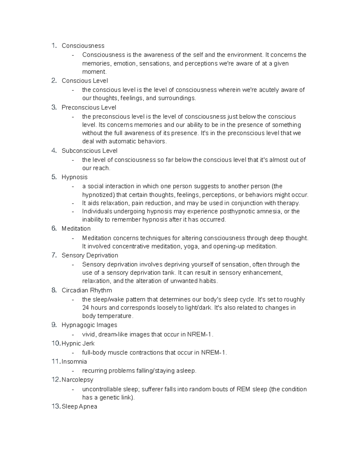 Psychology Key Terms Unit 5 - 1. Consciousness Consciousness Is The 