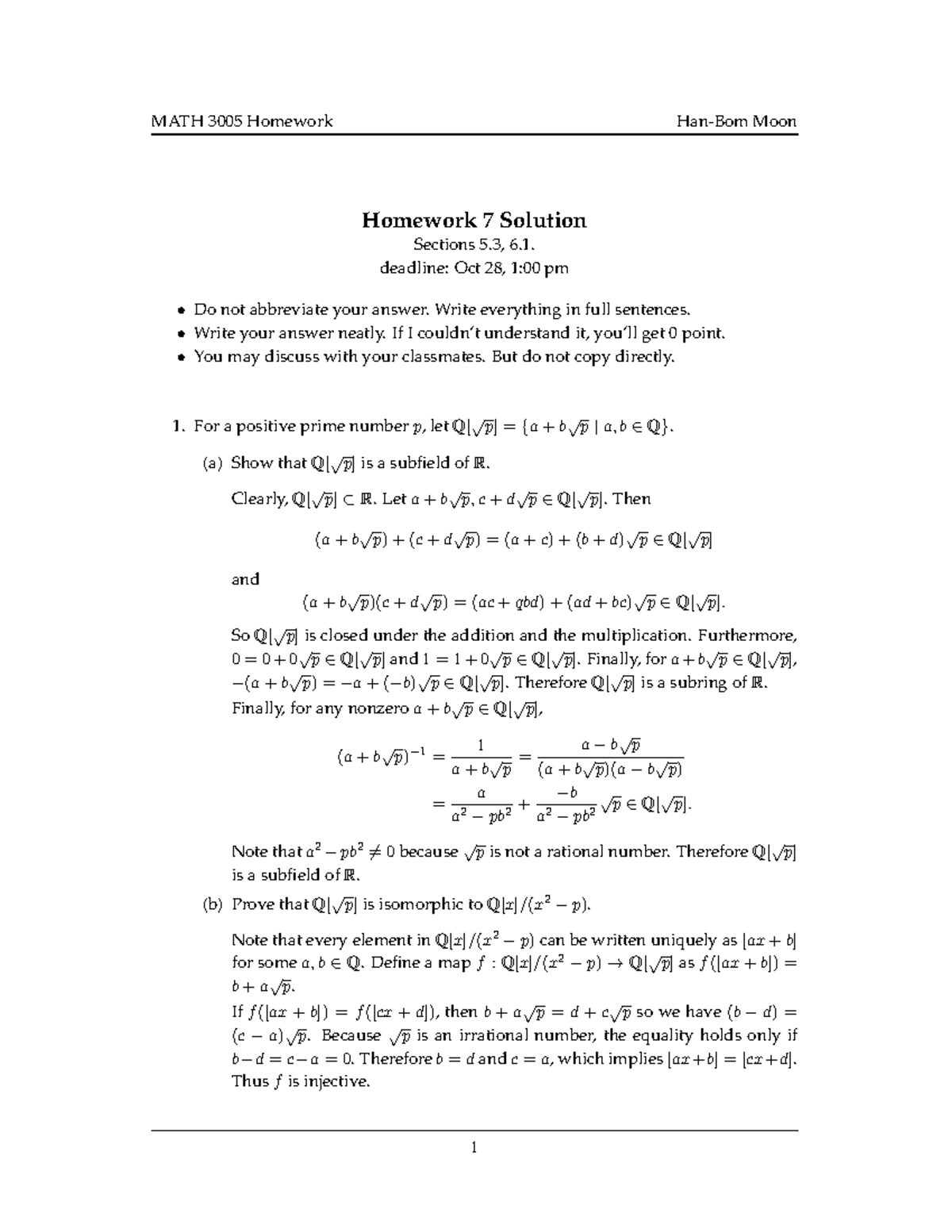 Homework 7 sol - Homework 7 Solution Sections 5, 6. deadline: Oct 28, 1 ...