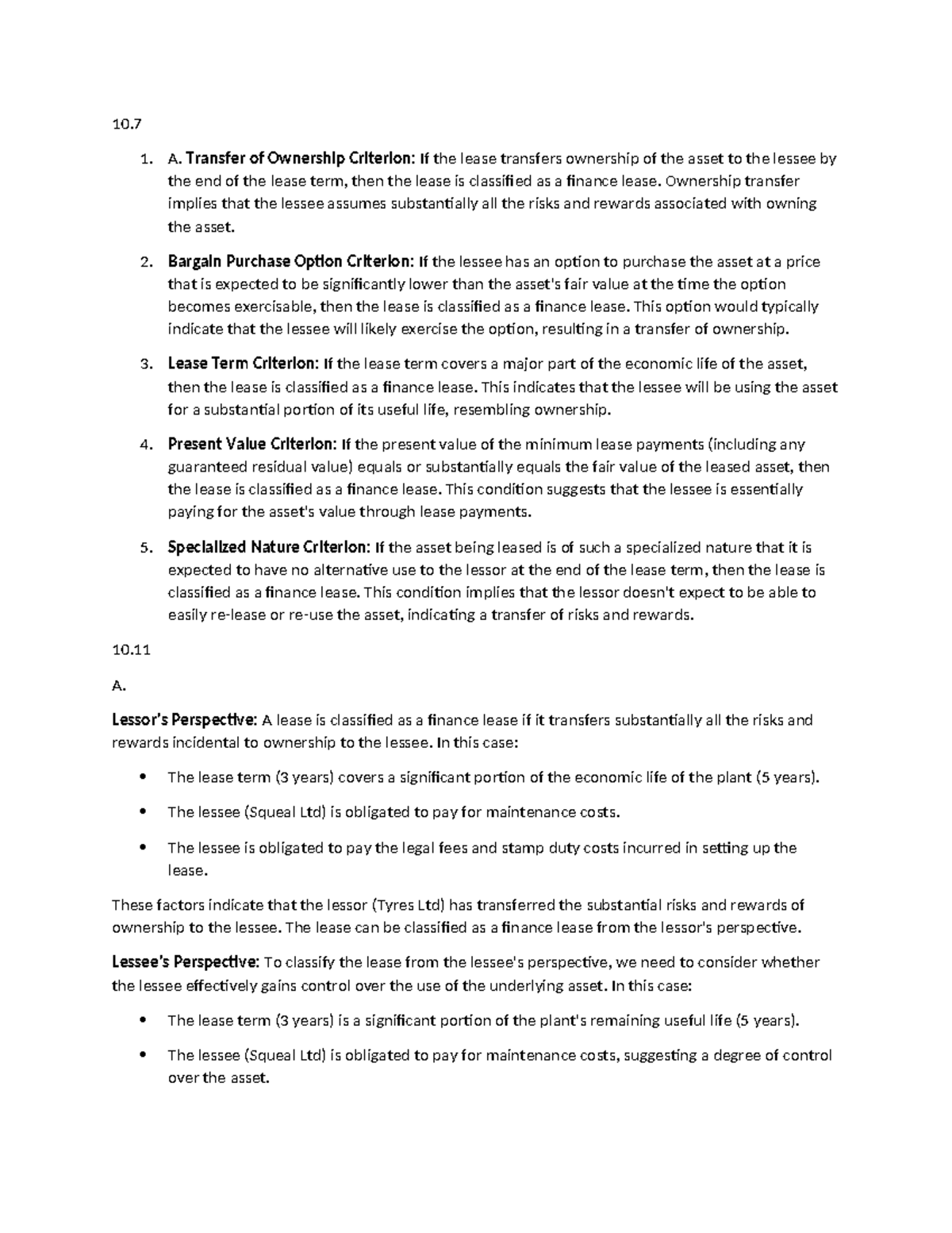 AF210 Week 6 Solutions - 10. 1. A. Transfer of Ownership Criterion: If ...