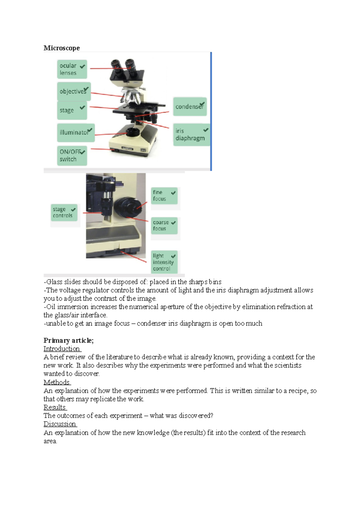 BABS Lecture Notes Microscope Glass slides should be disposed of