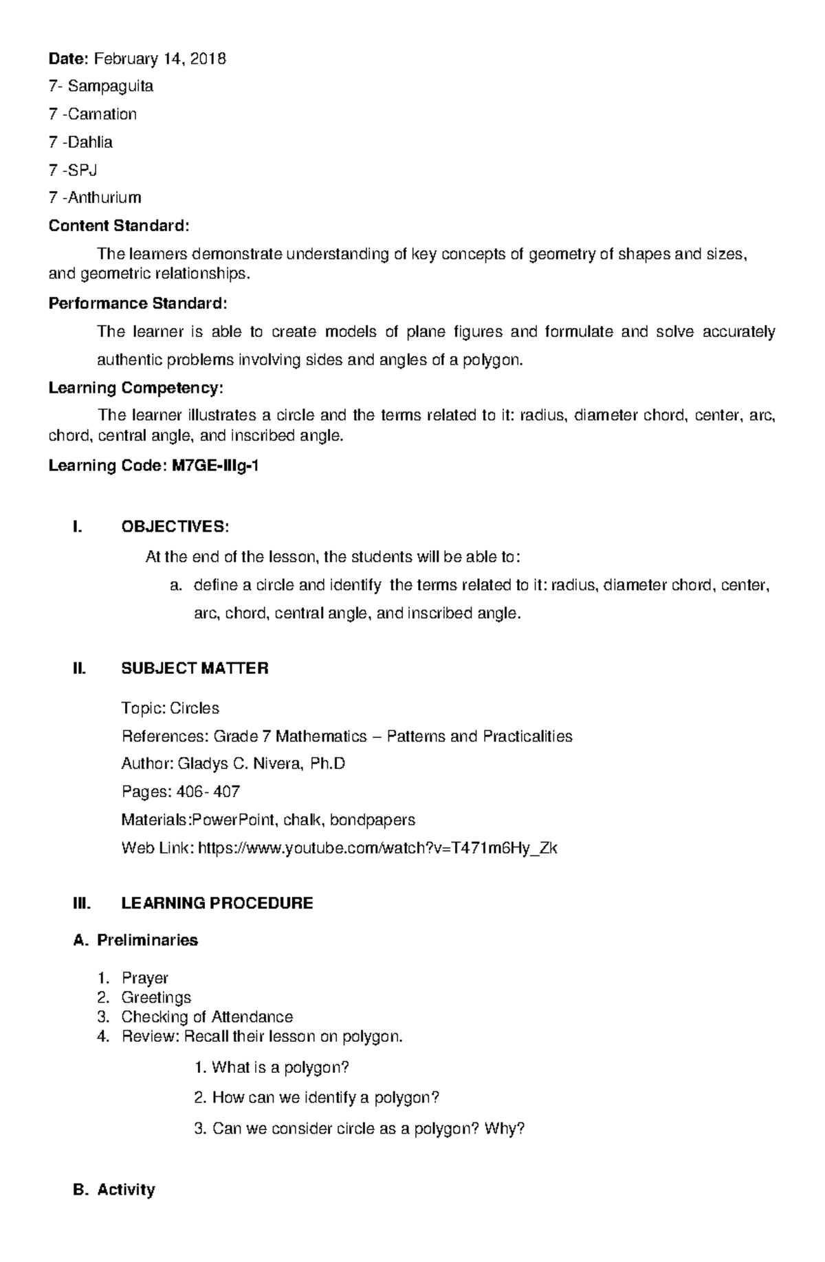 400157789 Final DEMO FEB 19 Circles Lesson PLAN docx - Date: February ...