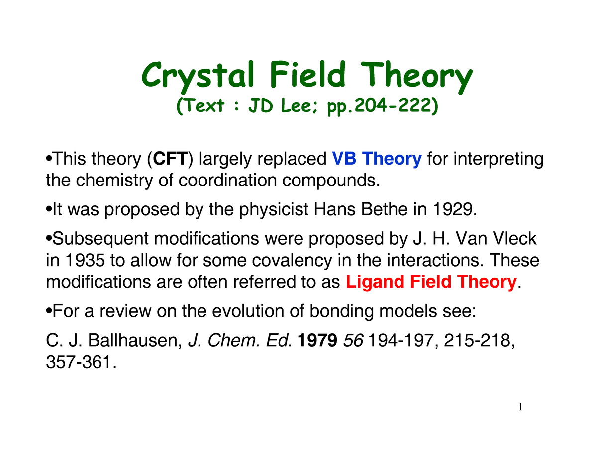 Crystal field theory - Crystal Field Theory (Text : JD Lee; pp-222 ...