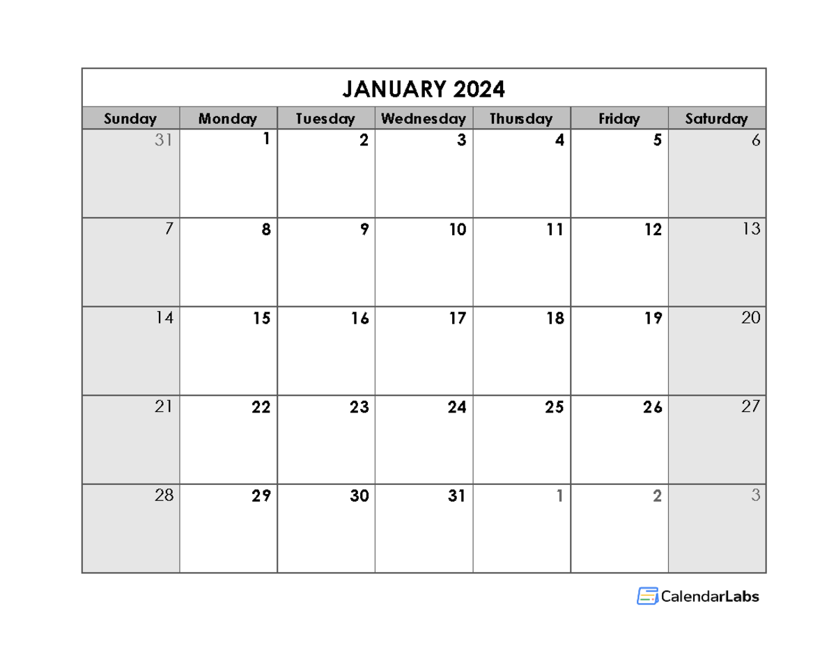 2024 blank monthly calendar 01 - Sunday Monday Tuesday Wednesday ...