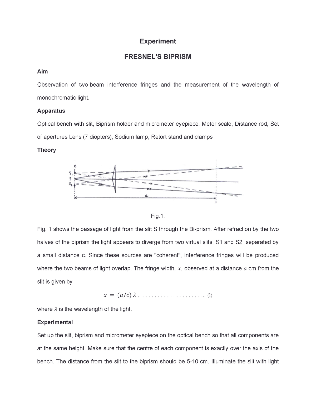 fresnel biprism experiment lab report