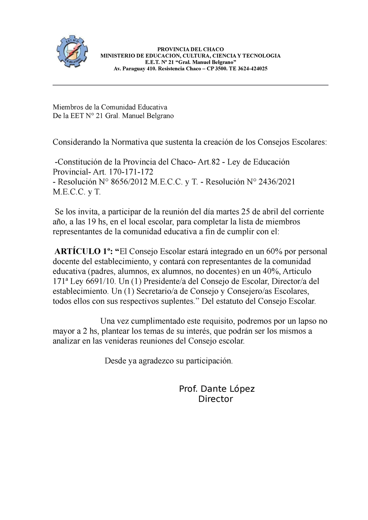 Convocatoria Comunidad EET 21 PROVINCIA DEL CHACO MINISTERIO DE