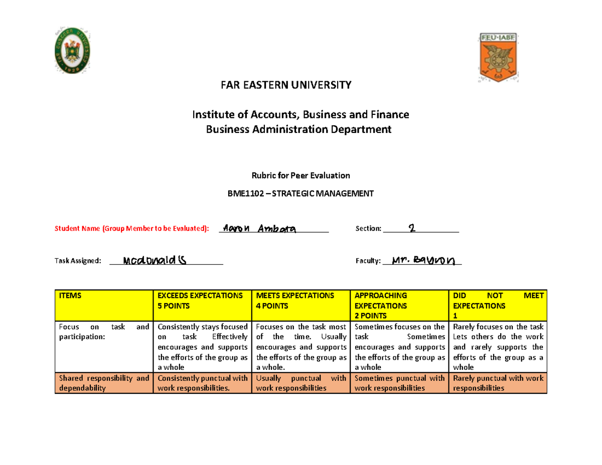 Rubricfor Peer Evaluation - Institute of Accounts, Business and Finance ...