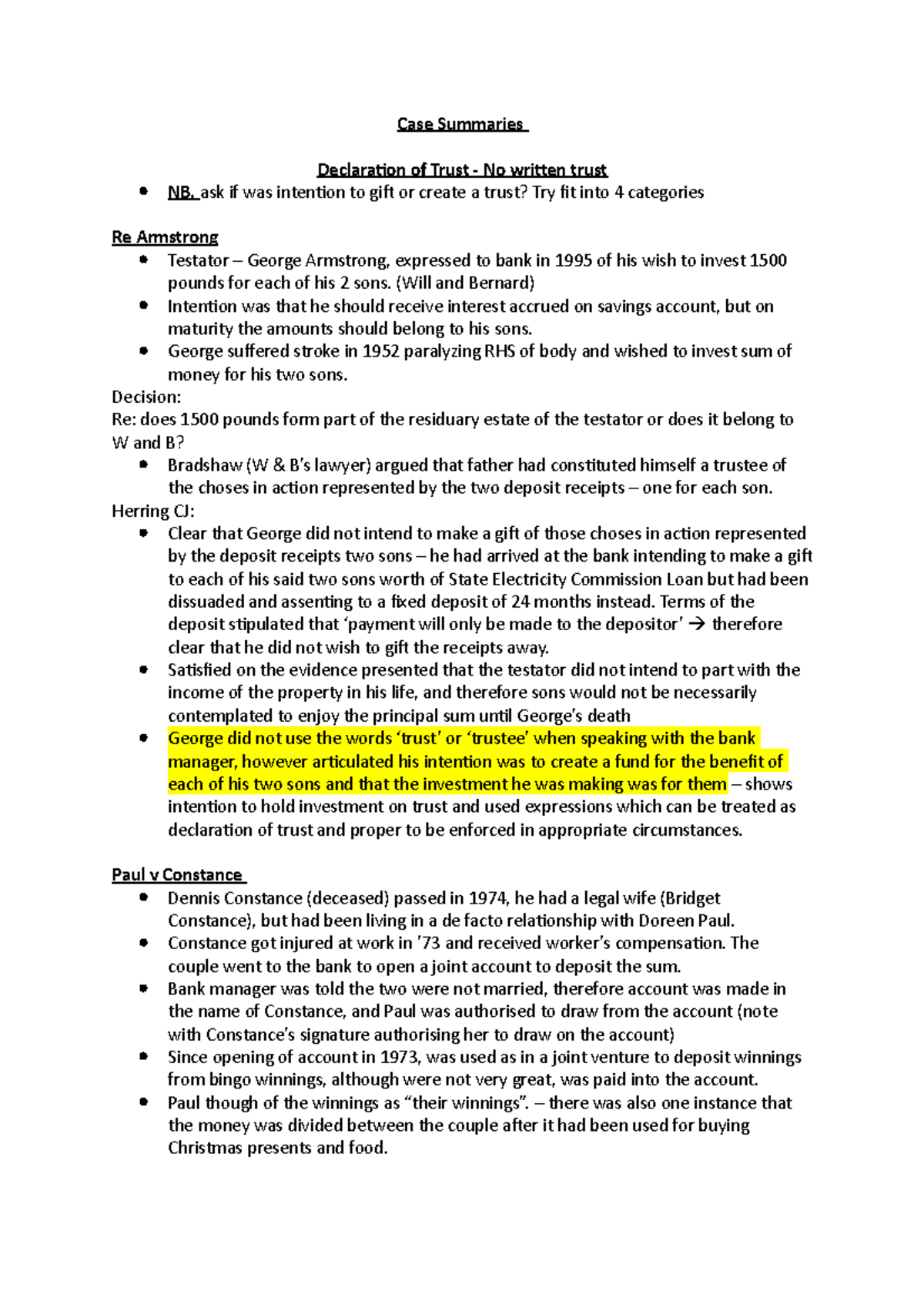 Case Summaries - case summary for formation of trust elements - Case ...