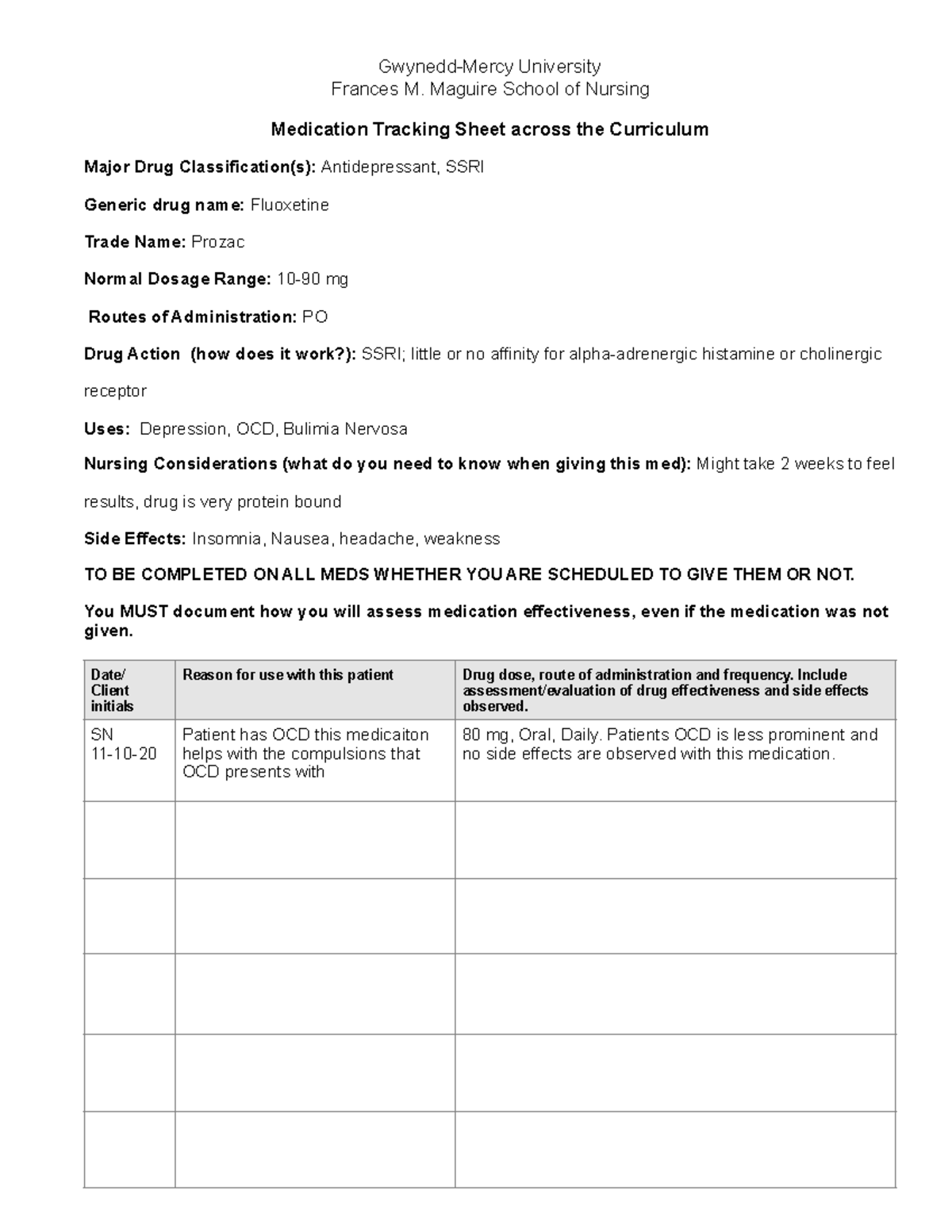 Medication tracking sheet 2 1 9 3 gwynedd mercy university
