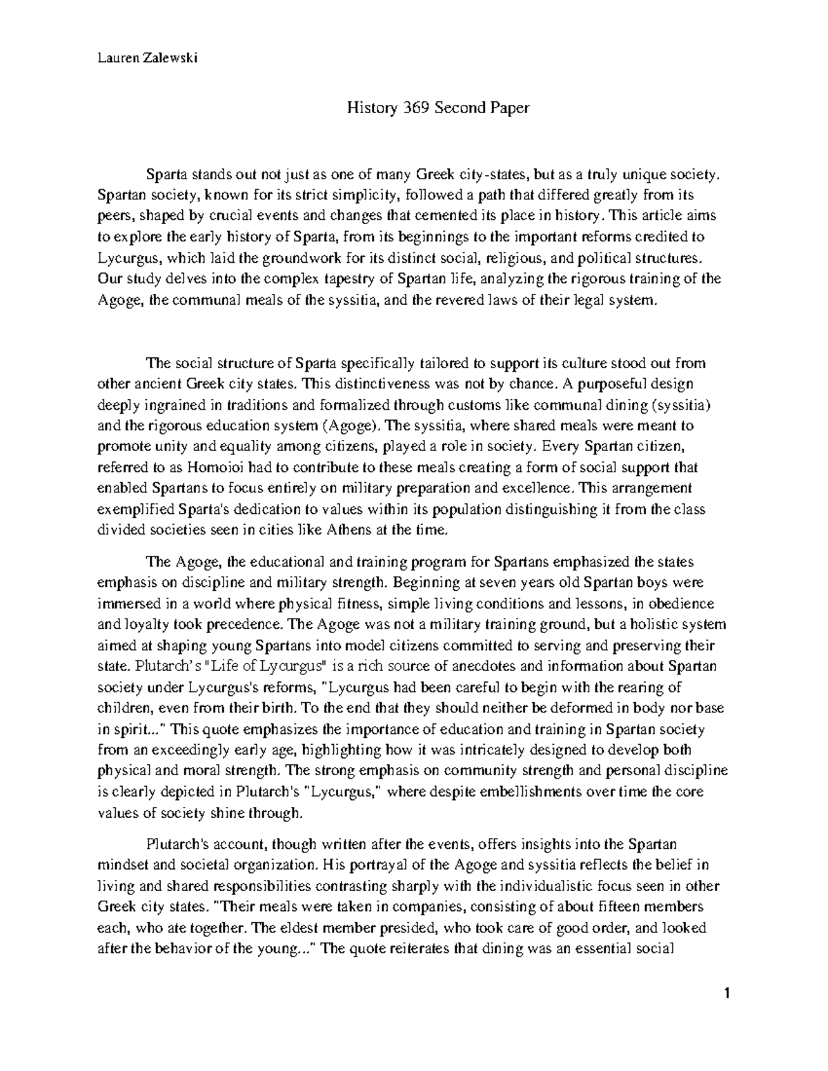 History 369 Paper 2 - History 369 Second Paper Sparta stands out not ...