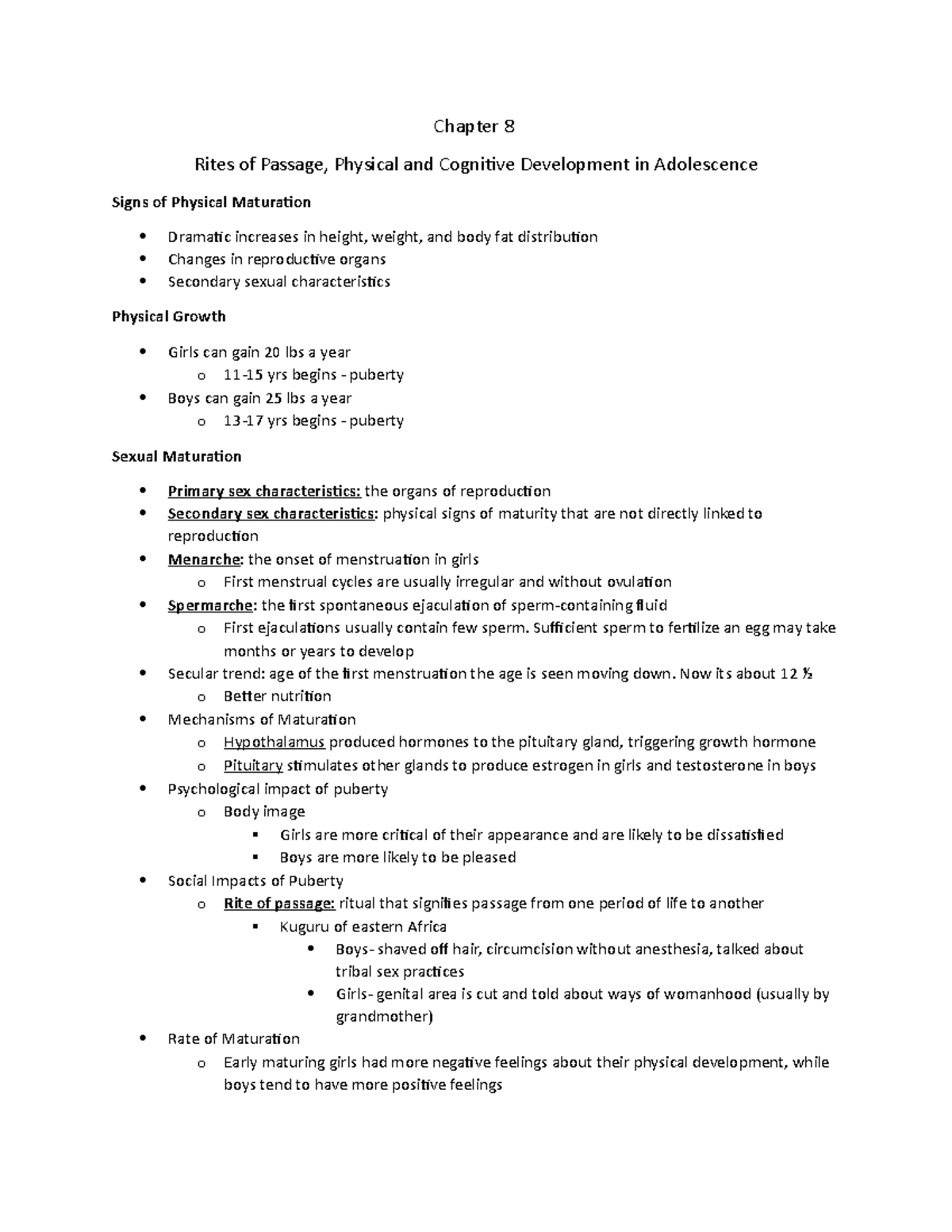 PSY 369 - Chapter 8 Notes - Chapter 8 Rites of Passage, Physical and ...