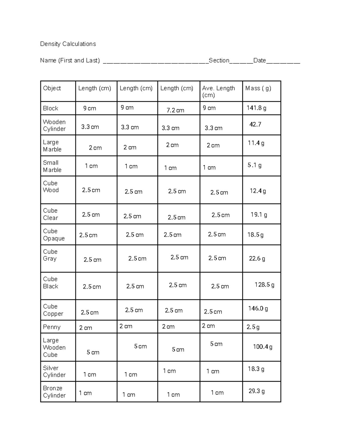 Derived Units Density 2 - Density Calculations Name (First and Last ...