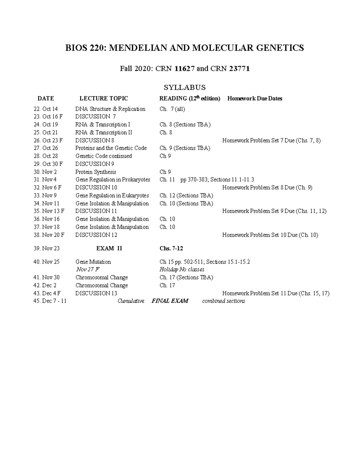 Bio S 220 Fall2020 2nd half syllabus B - BIOS 220: MENDELIAN AND ...