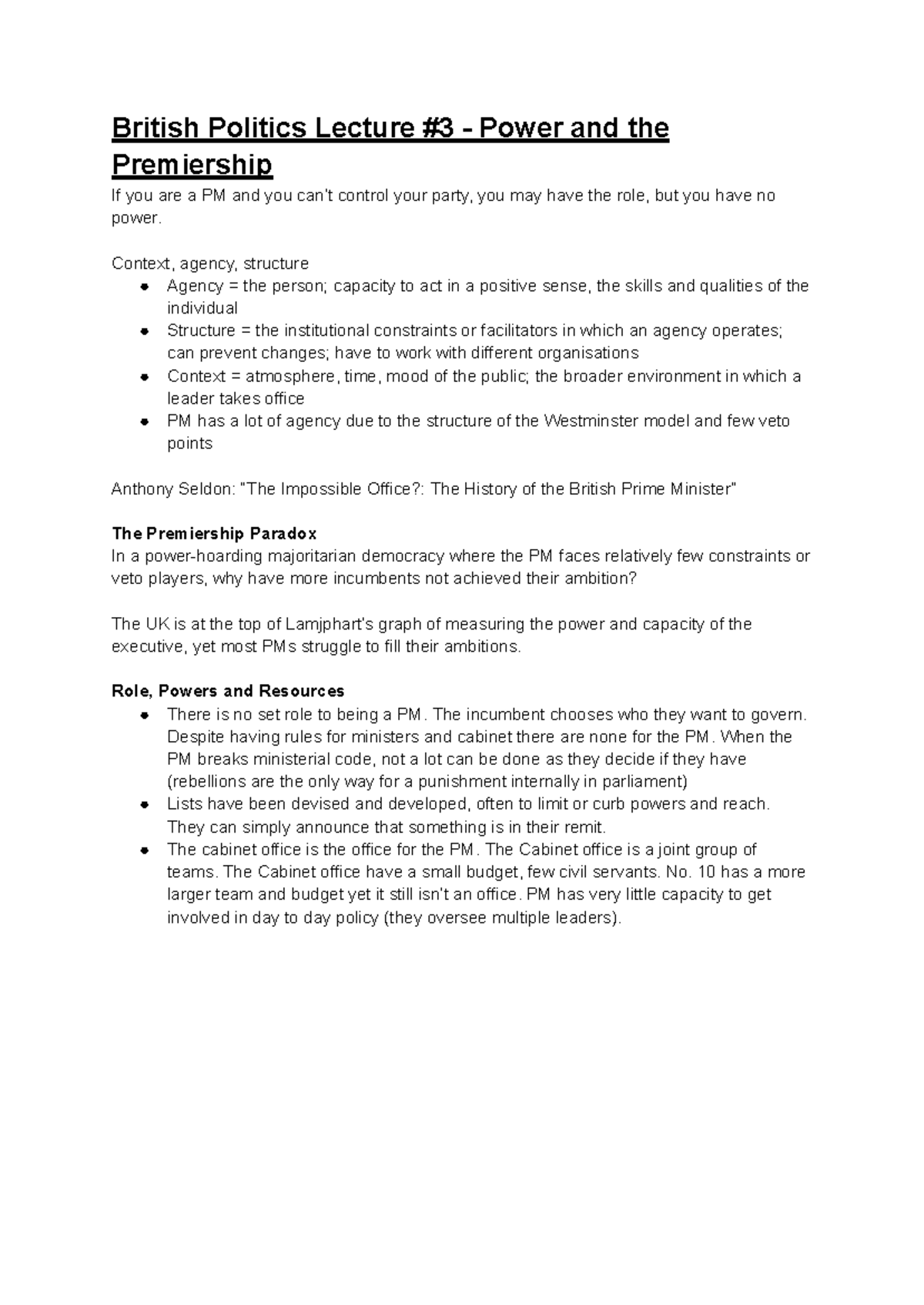 British Politics Lecture #3 - Context, agency, structure Agency = the ...
