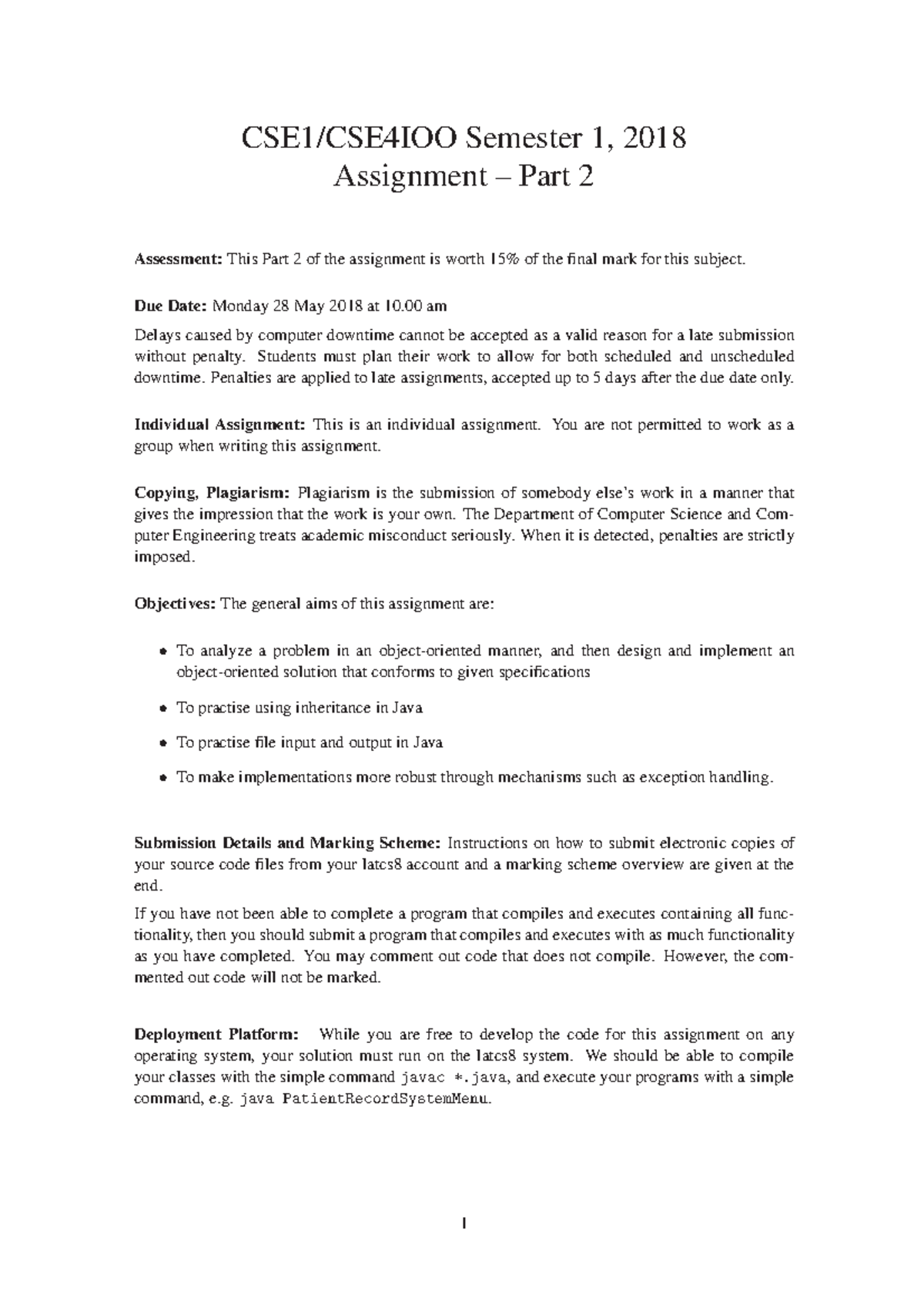 IOO 2018 Assignment Part2 Handout - CSE1/CSE4IOO Semester 1, 2018 ...