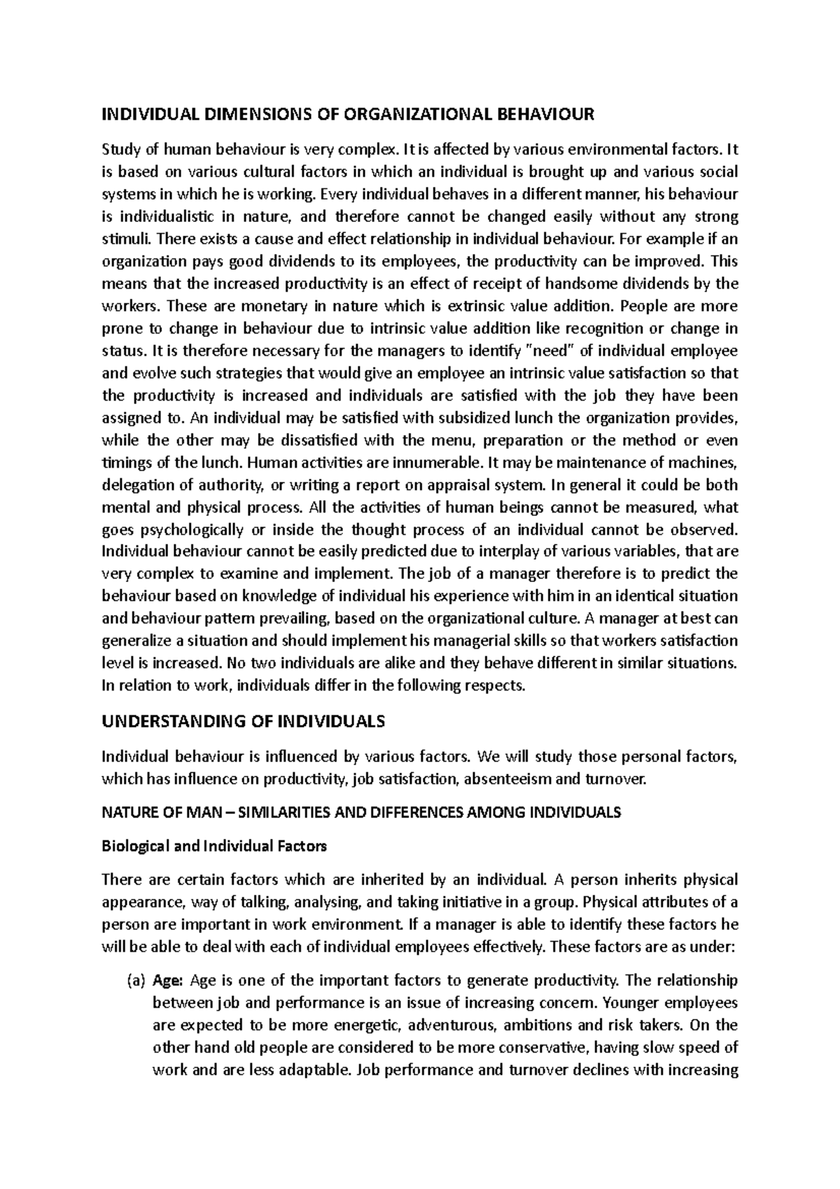 Individual Dimensions OF Organizational Behaviour - INDIVIDUAL ...
