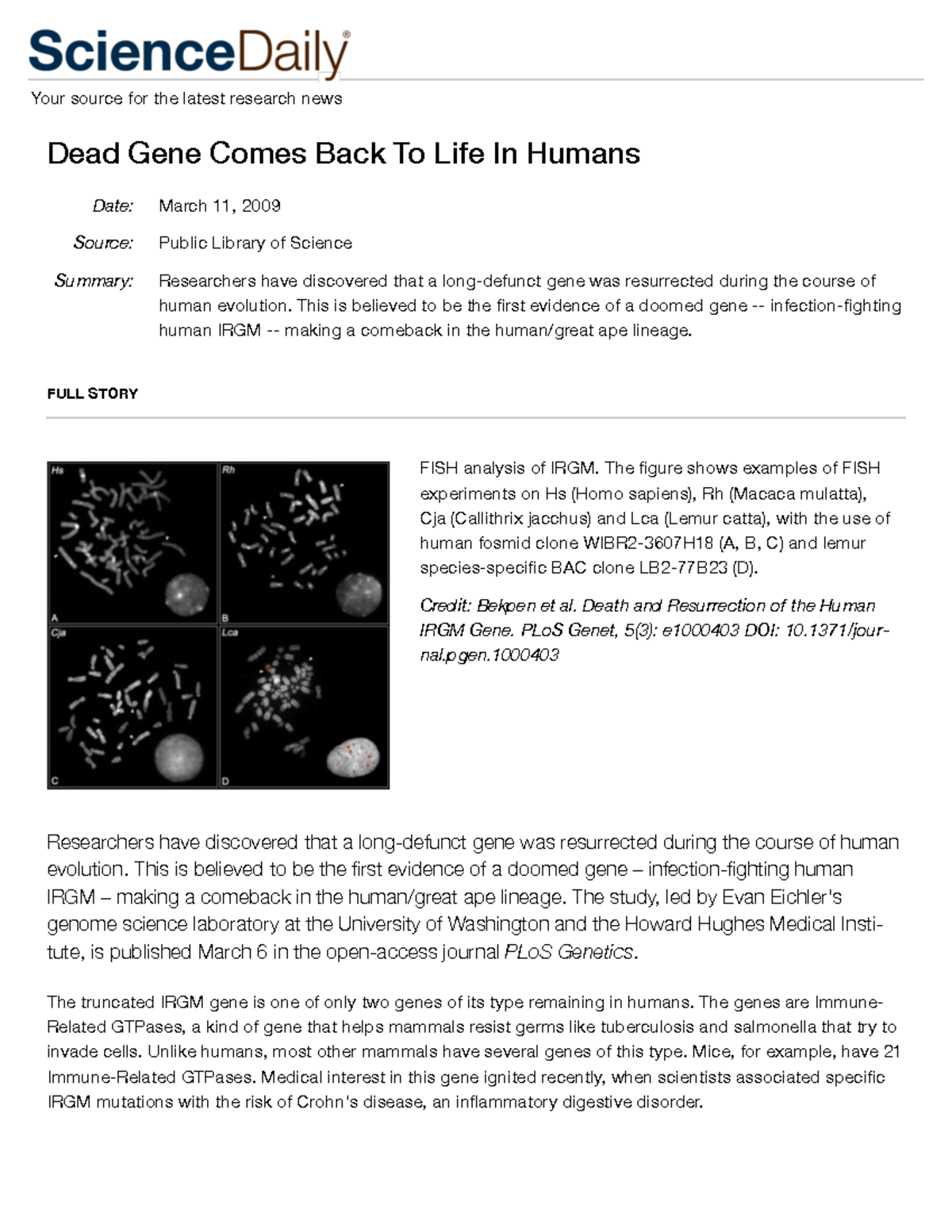 Assign 1 Dead Gene Comes Back To Life In Humans - Science Daily - Your ...