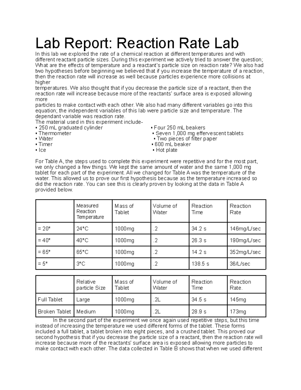 Reaction Rate Lab-Colin Brynolfson - Lab Report: Reaction Rate Lab In ...
