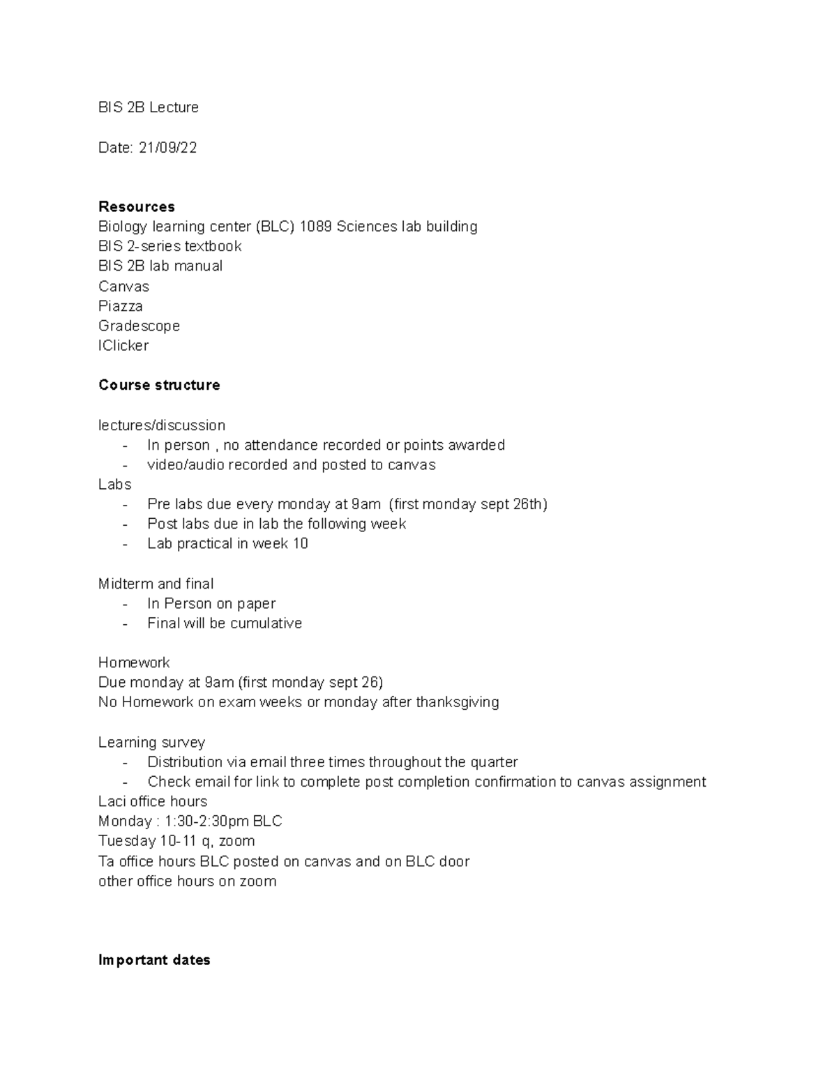 BIS 2B Lecture Notes - BIS 2B Lecture Date: 21/09/ Resources Biology ...