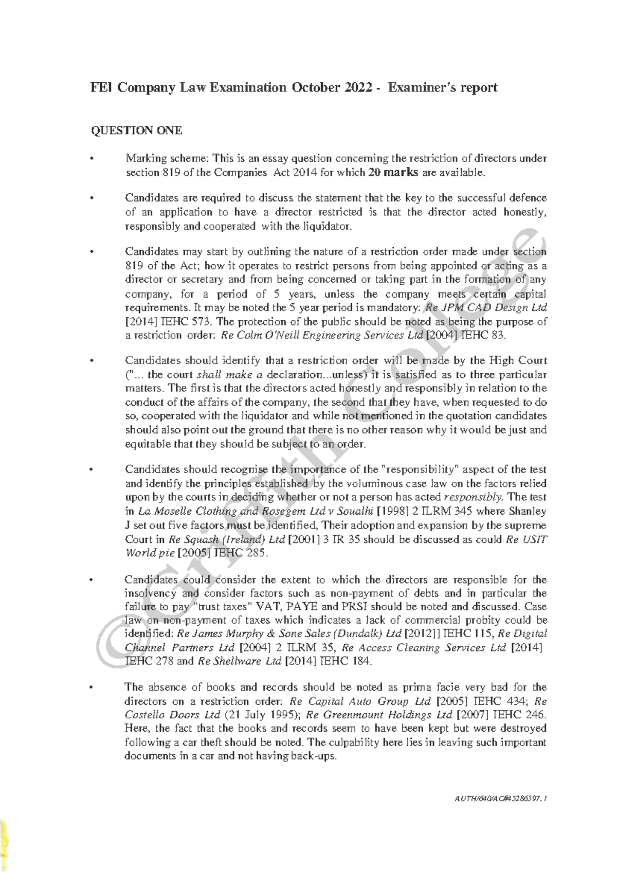 Fe1 Company Law Exam October 2022 Report Fel Company Law Examination