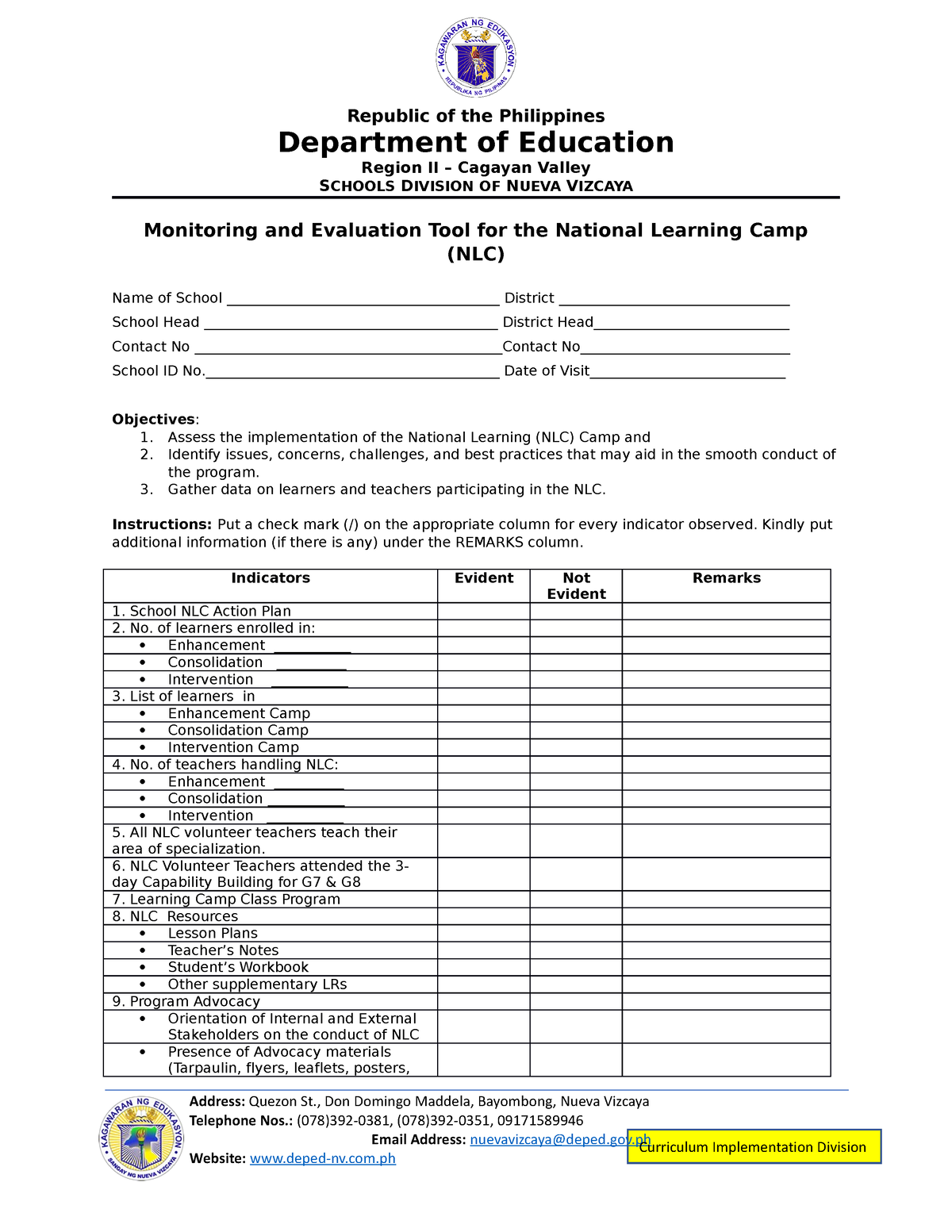 M E Tool NLC 2023 Monitoring and Evaluation Republic of the