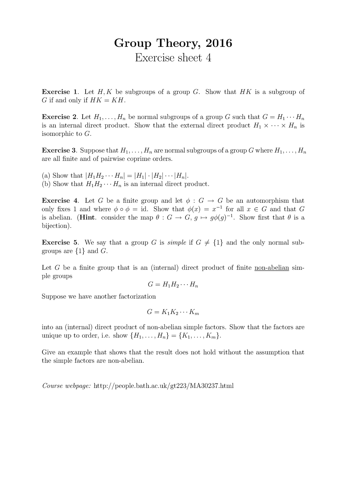 Ma 16 17 Problem Sheet 4 Group Theory 16 Exercise Sheet Exercise Let Be Subgroups Of Group Show That Hk Is Subgroup Of If And Only If Hk Kh Exercise Studocu