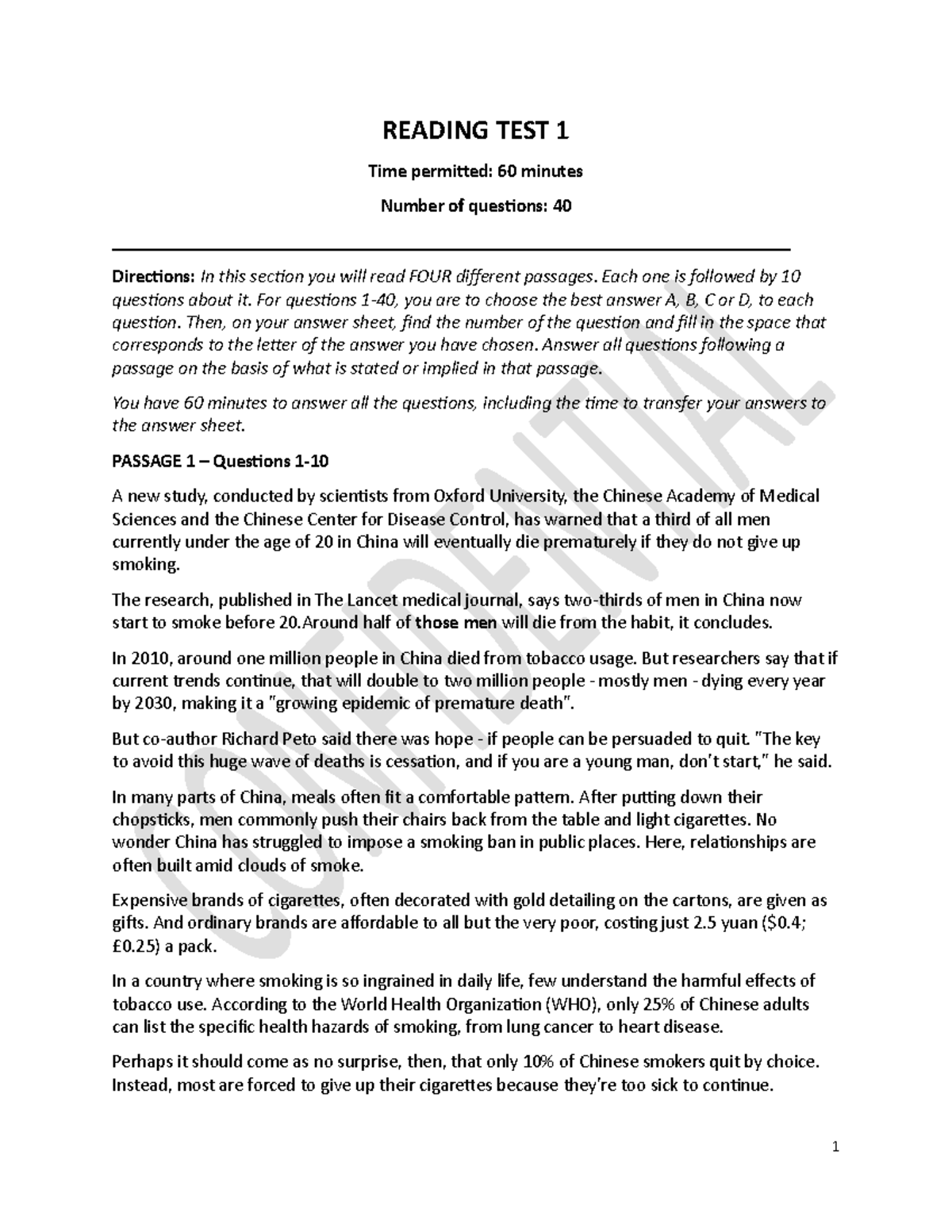 7 Vstep Reading TEST READING TEST 1 Time permitted 60 minutes Number