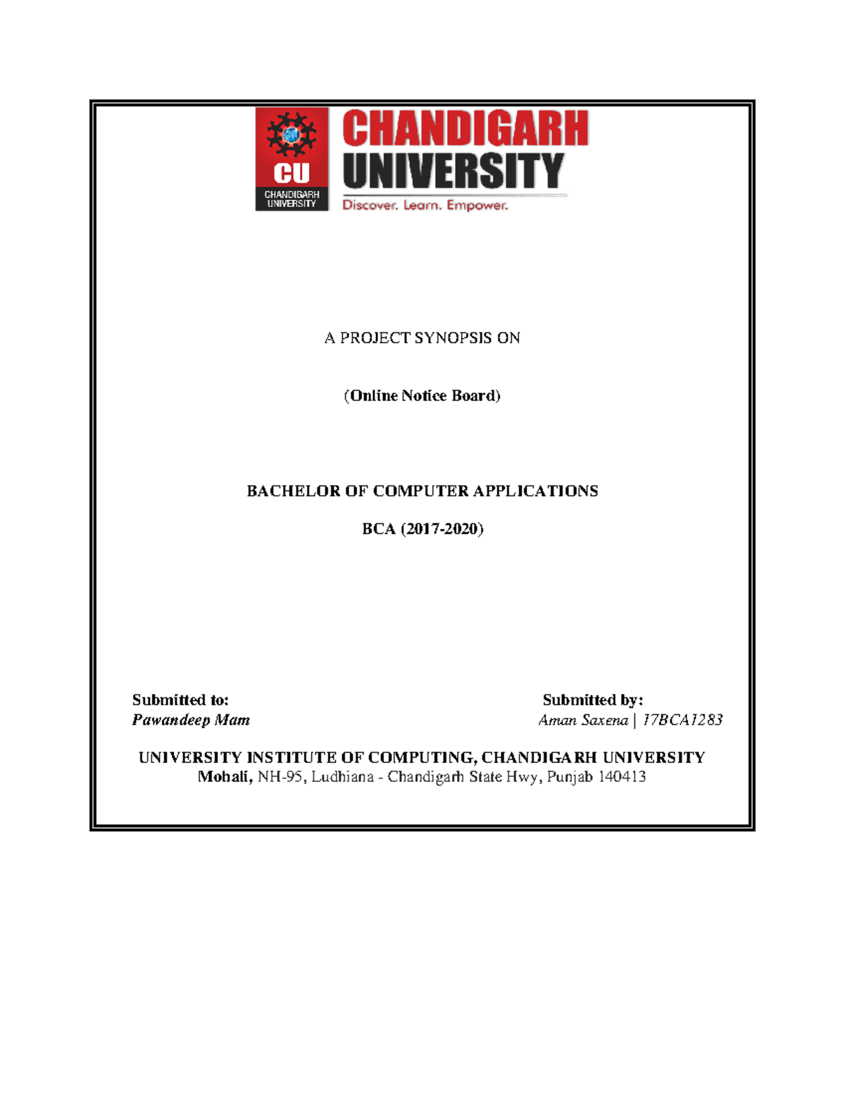 A Project Synopsis ON Online Notice Boar A PROJECT SYNOPSIS ON