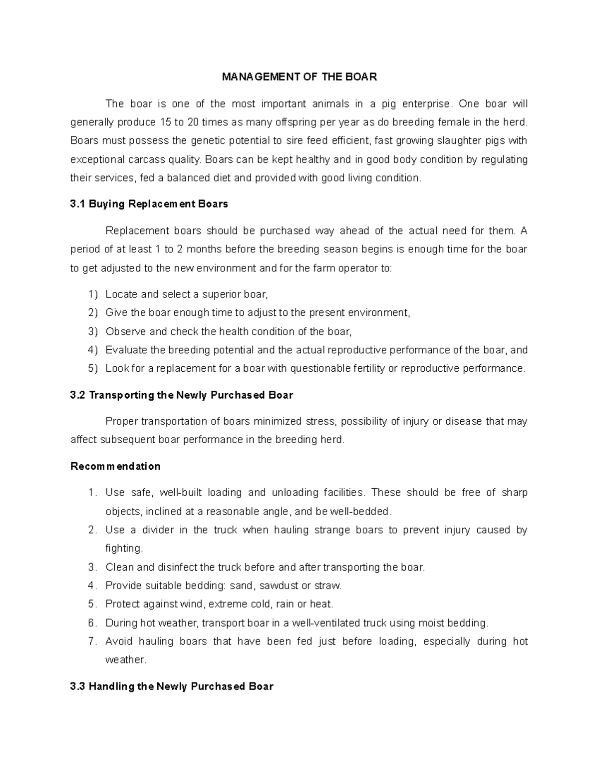 Management OF THE BOAR - MANAGEMENT OF THE BOAR The boar is one of the ...