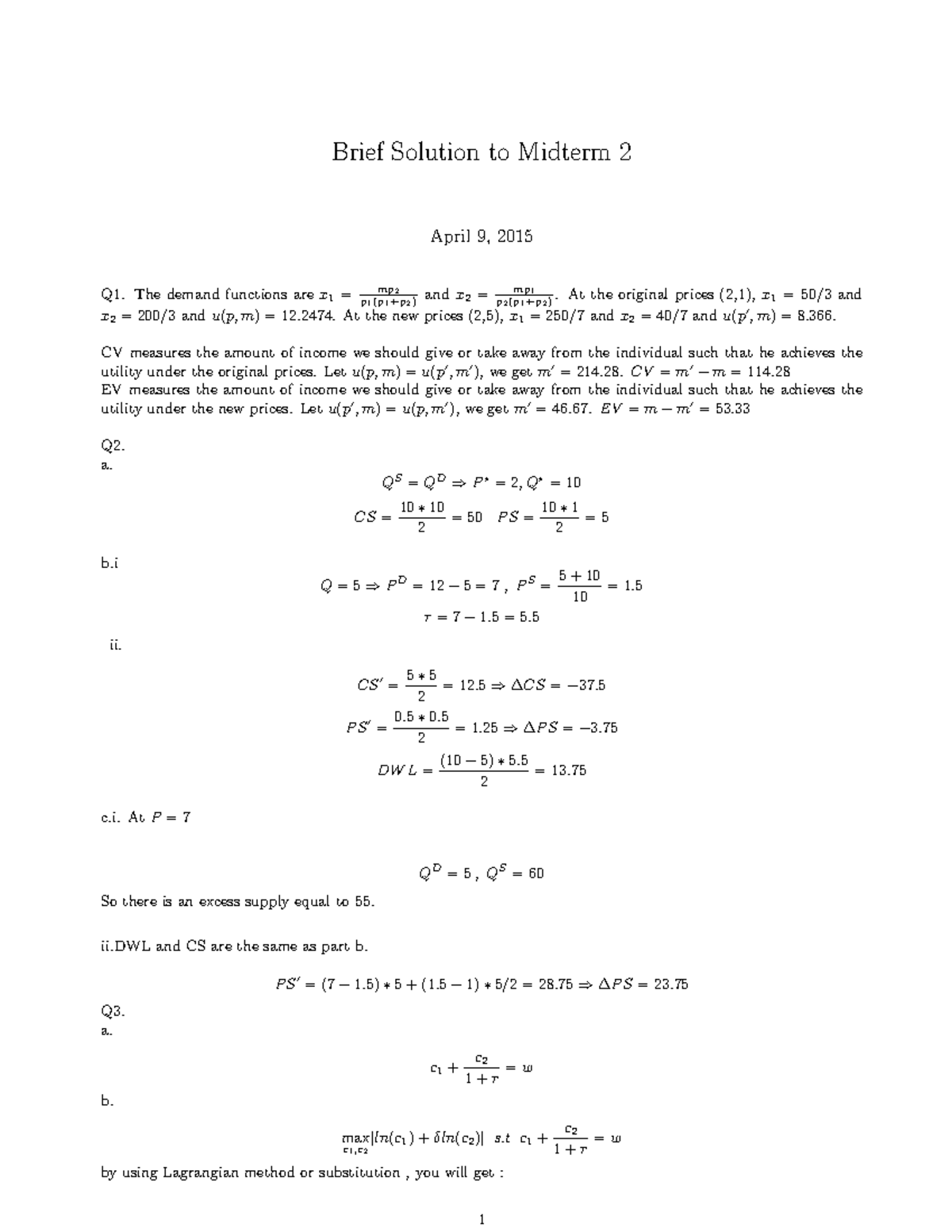 Midterm 2 Solution - See title - Brief Solution to Midterm 2 April 9 ...