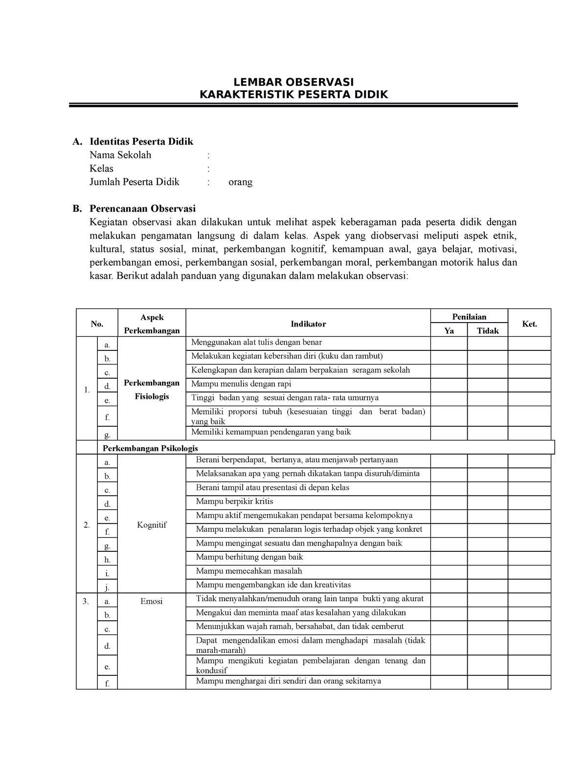 Lampiran Contoh Format Lembar Observasi Karakteristik Peserta Didik