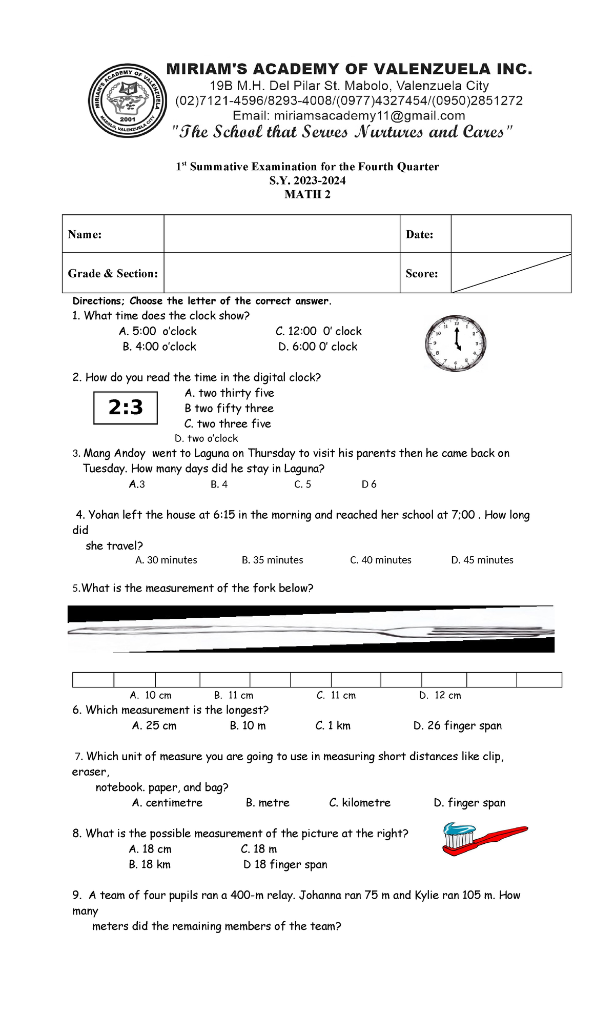 1st Summative Examination for the Fourth Quarter in Math 2 20232024