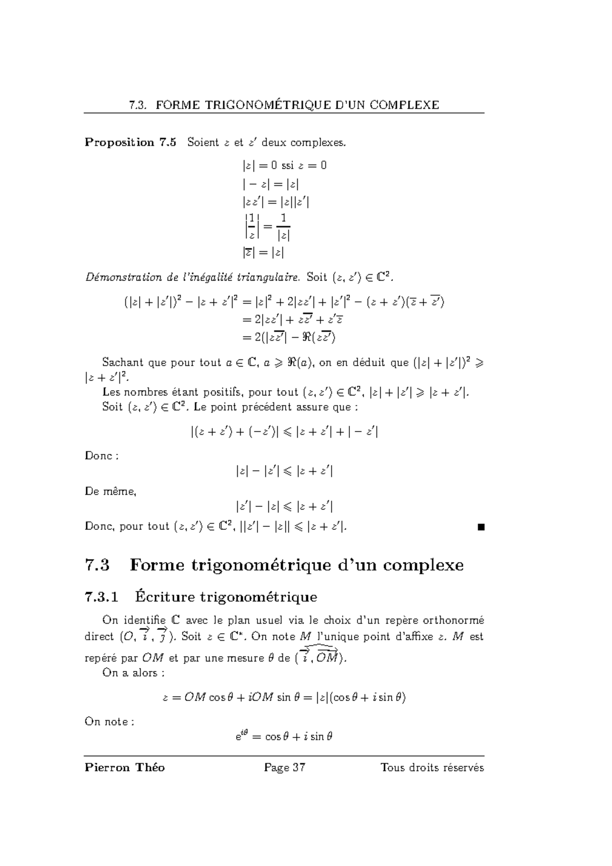 Maths mpsi-19 - 7. FORME TRIGONOMÉTRIQUE D’UN COMPLEXE Proposition 7 ...