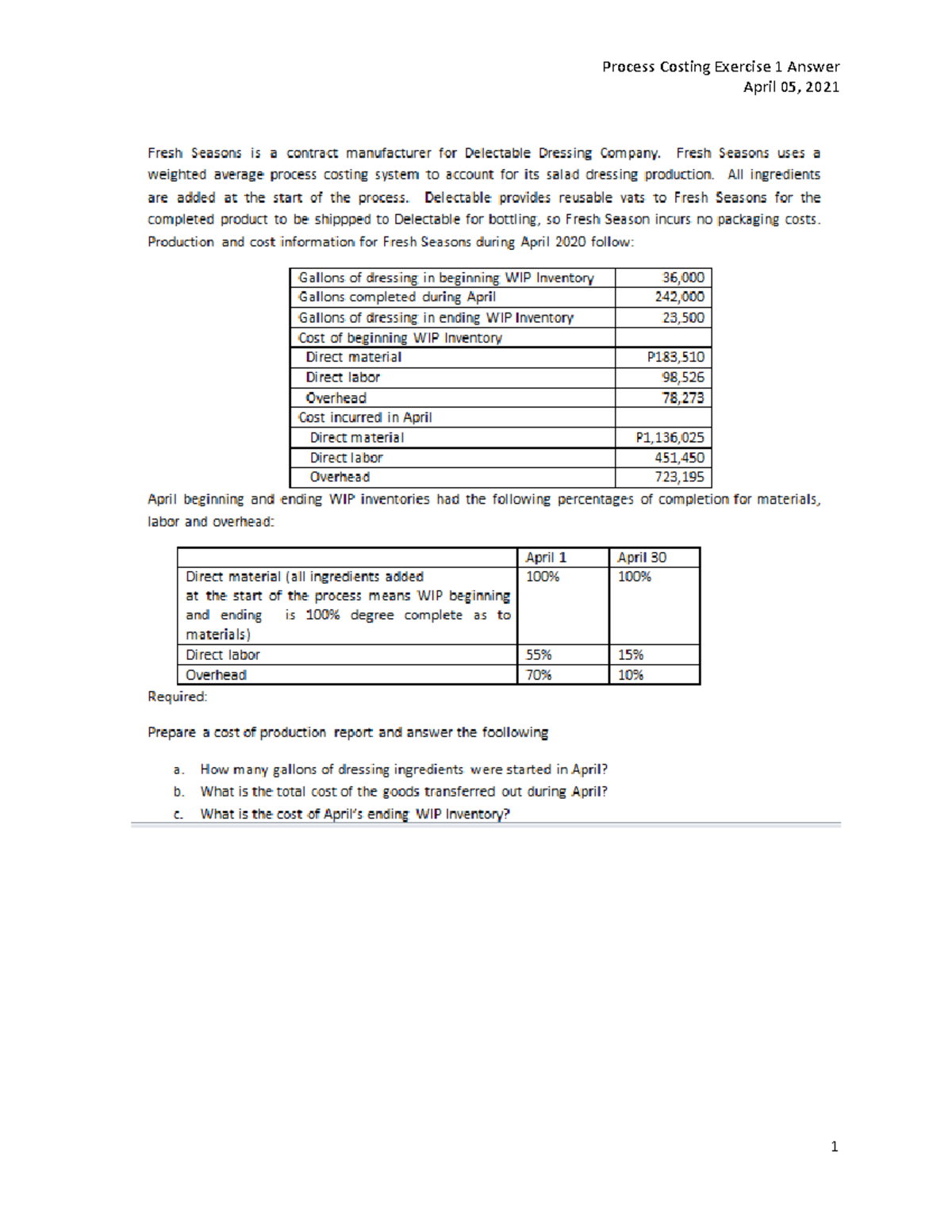 Process Costing Exercise 1 Solution - Process Costing Exercise 1 Answer ...