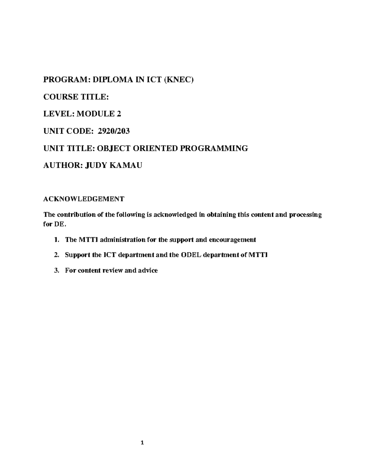 C++ Object Oriented Progamming 2 - PROGRAM: DIPLOMA IN ICT (KNEC ...