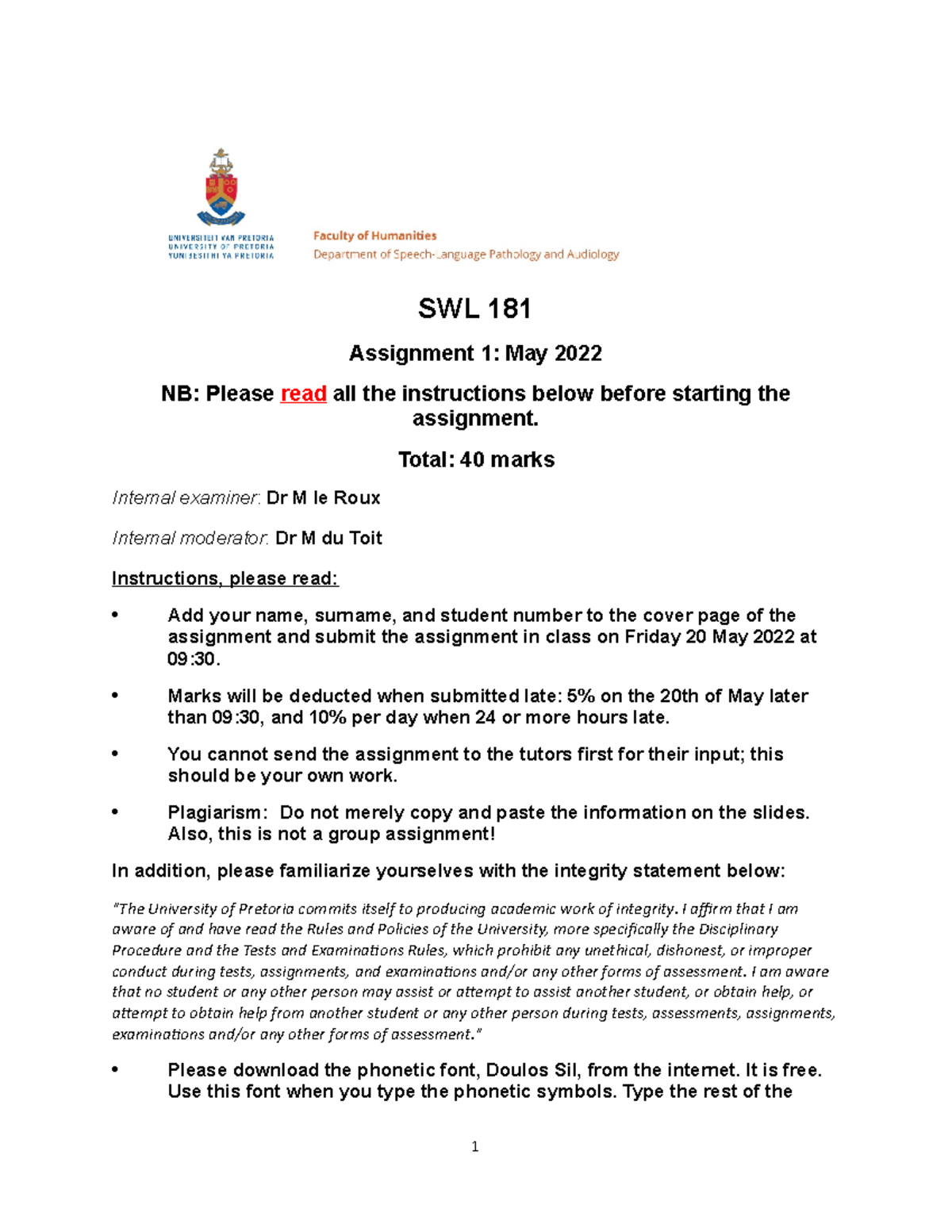 SWL 181 assignment 1 2022 - SWL 181 Assignment 1: May 2022 NB: Please ...