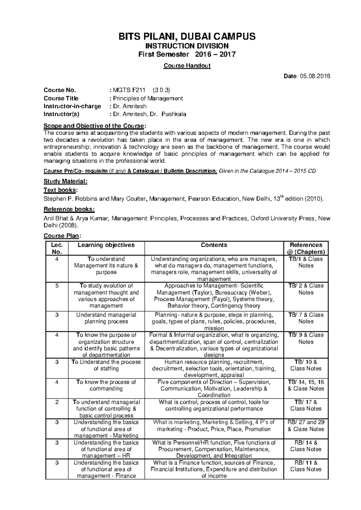 MGTS F211 POM Course Handout - BITS PILANI, DUBAI CAMPUS INSTRUCTION ...