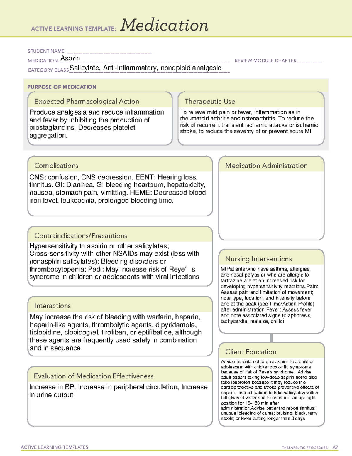 Asprin - med sheets - ACTIVE LEARNING TEMPLATES THERAPEUTIC PROCEDURE A ...