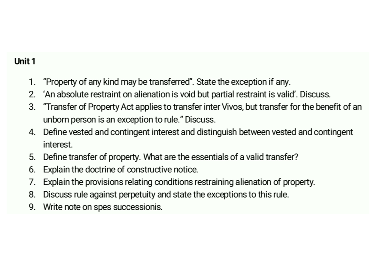 Property Law Questions - BA.LLB 5 Years Law - Studocu