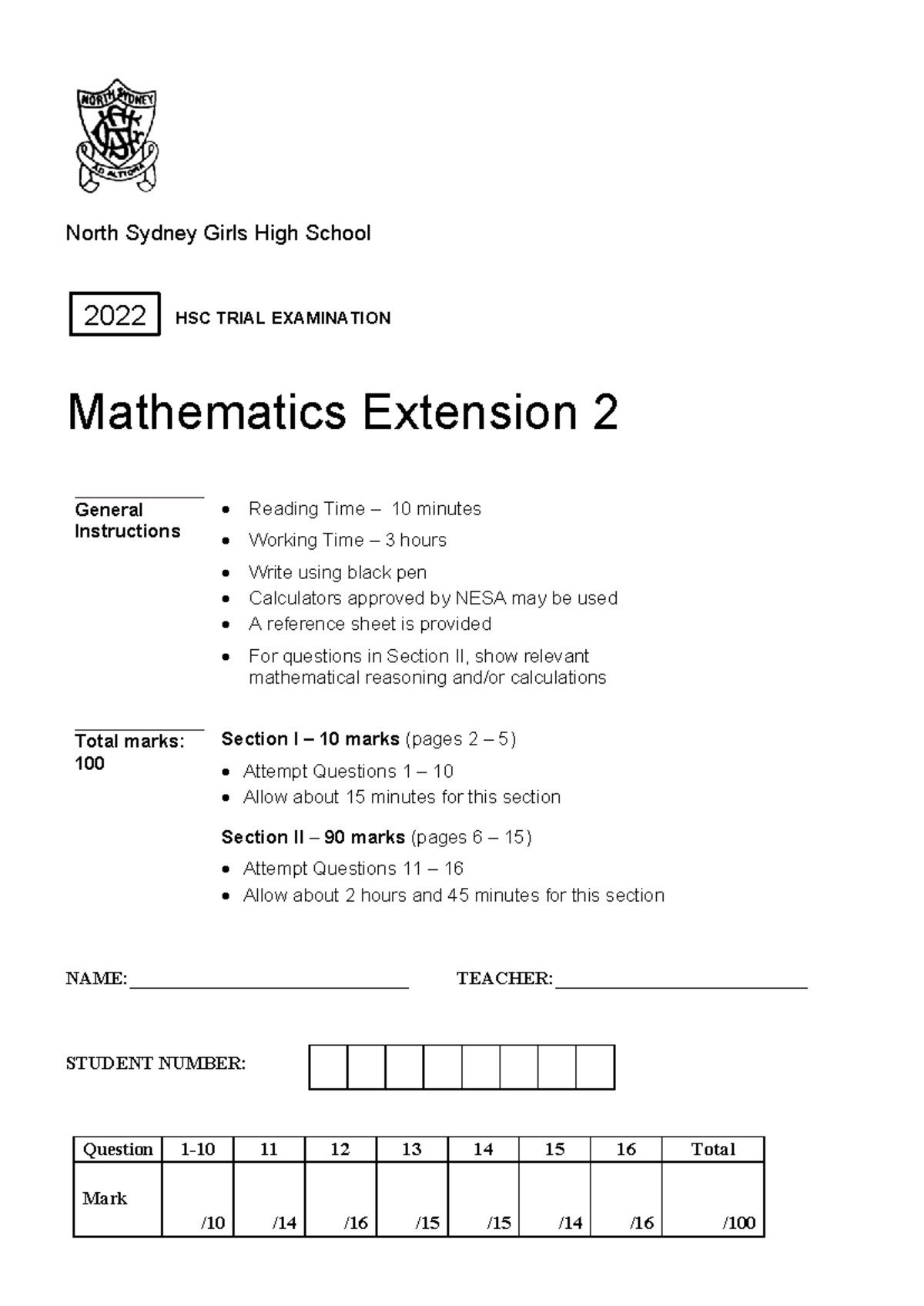 Nsghs HSC 2022 X2 THSC North Sydney Girls High School Mathematics Extension 2 General
