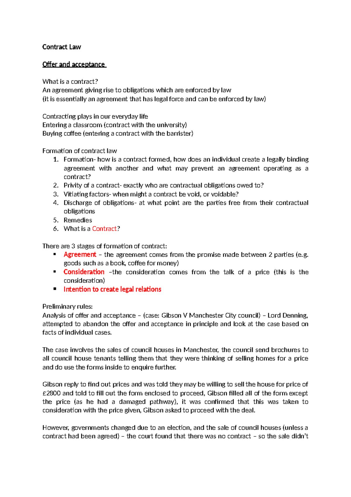 Contract Law Note Contract Law Offer And Acceptance What Is A 