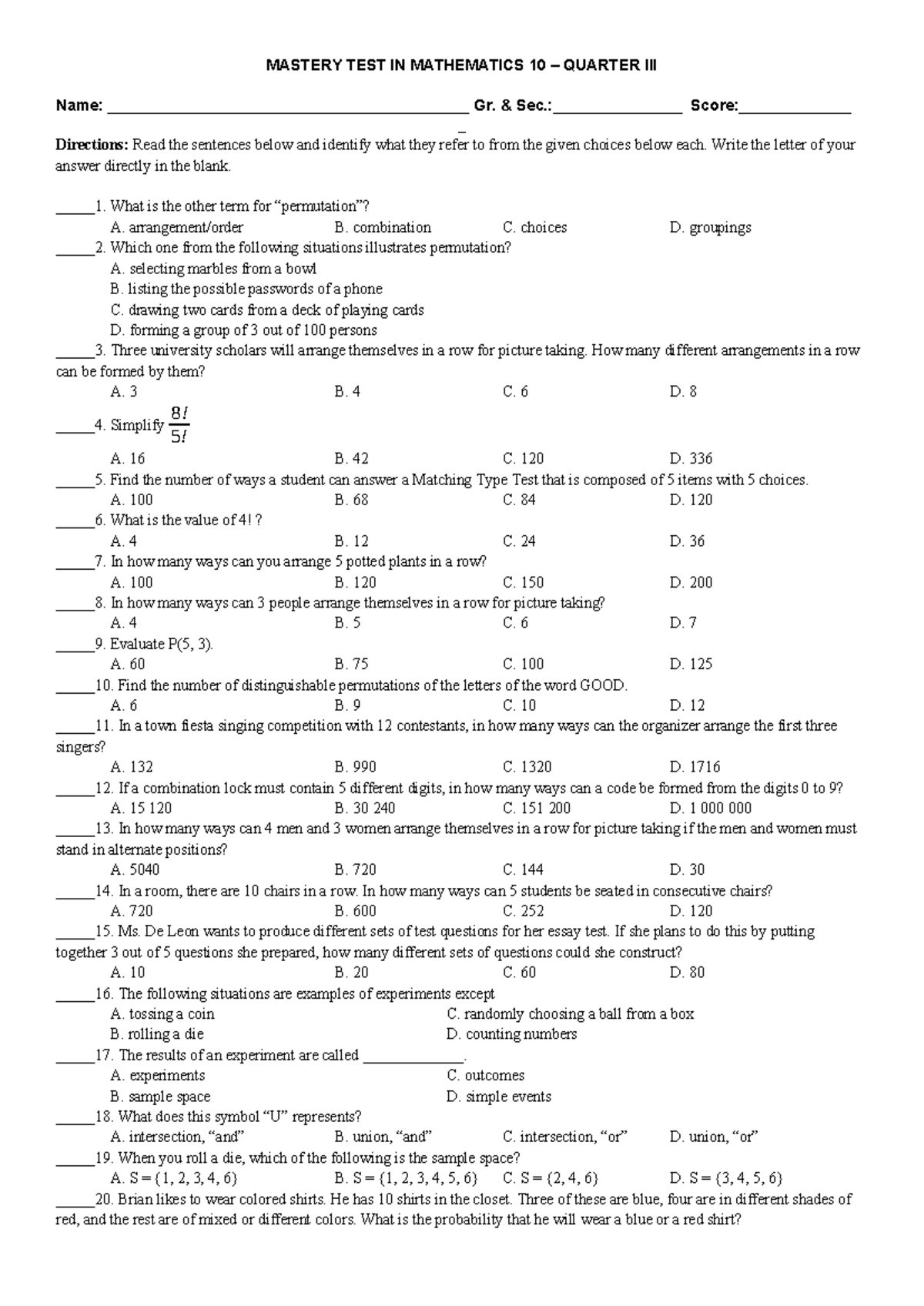 Mastery TEST (q3) MASTERY TEST IN MATHEMATICS 10 QUARTER III Name