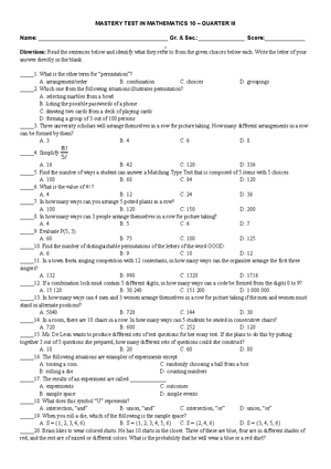 Mastery TEST (QII) - Test questionnaire - MASTERY TEST IN MATH 10 ...