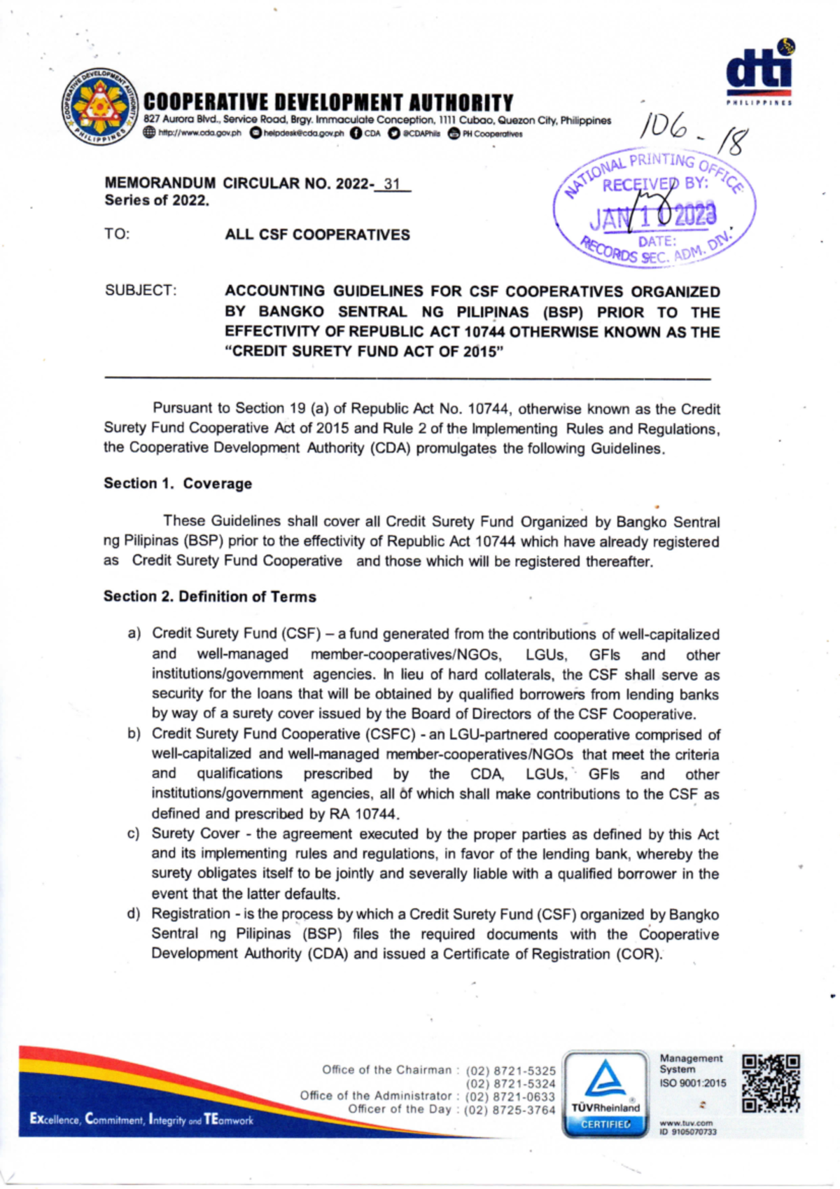 Accounting Guidelines for CSF Cooperatives Organized by Bangko Sentral