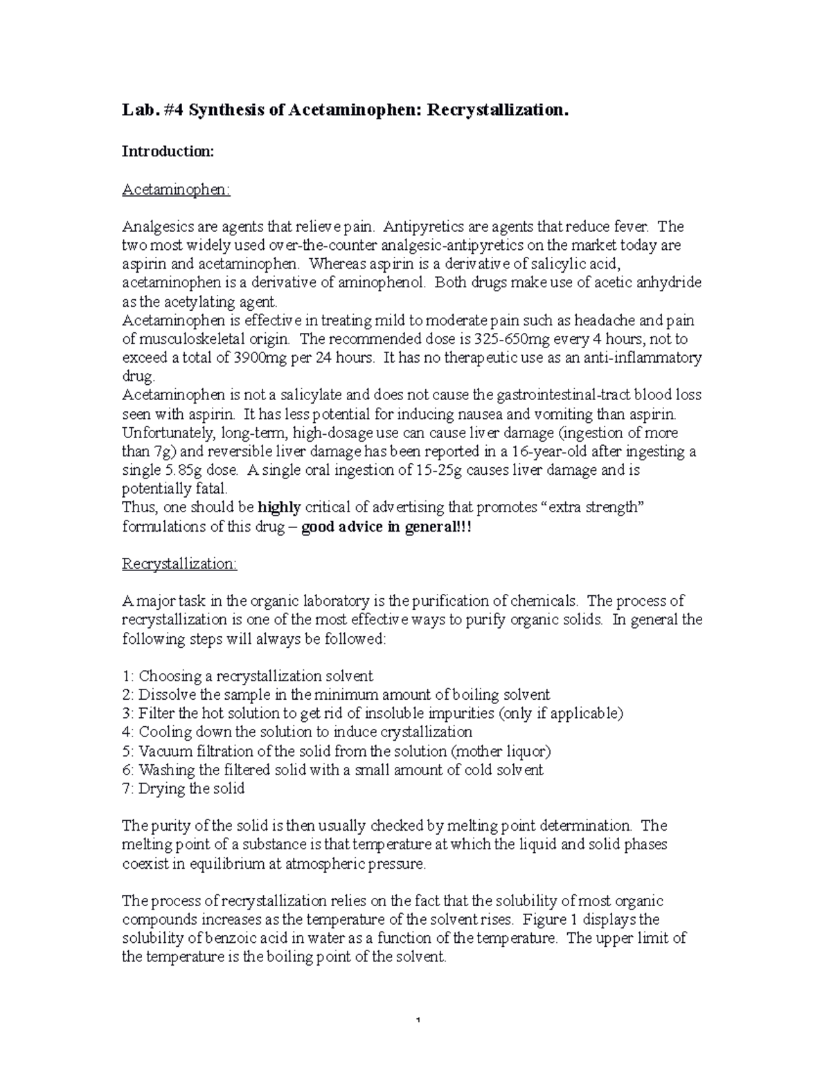 Lab4 Lab2 Lab. 4 Synthesis of Acetaminophen Recrystallization