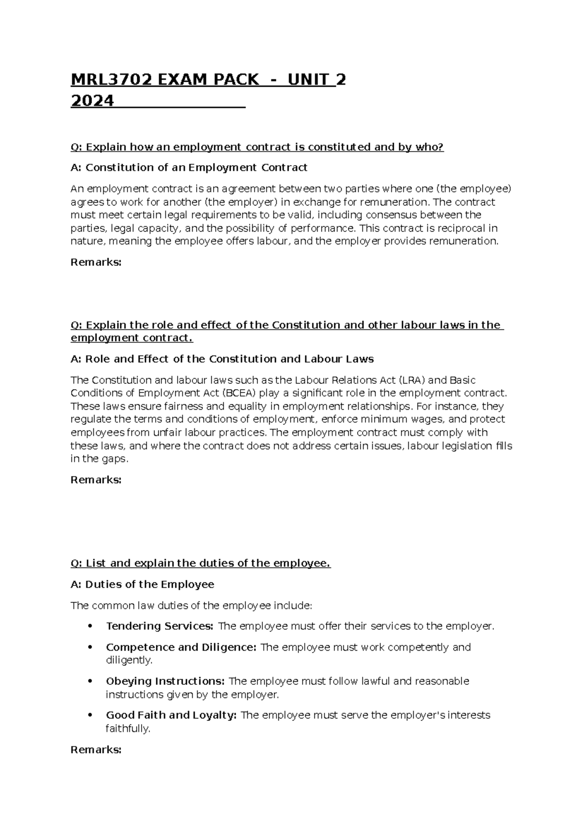 Labour law unit 2 - MRL3702 EXAM PACK - UNIT 2 2024 Q: Explain how an ...