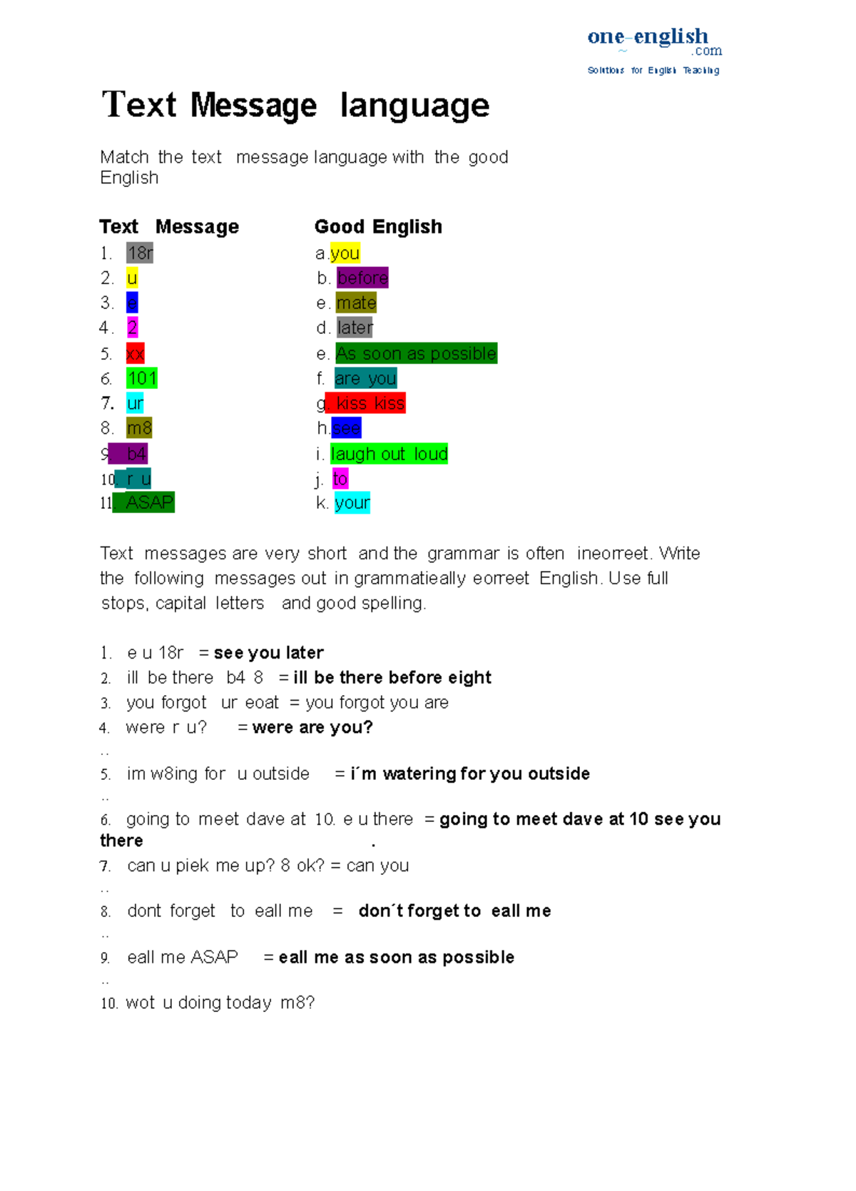 TEXT%20 Message%20 Language - Text Message language Match the text ...