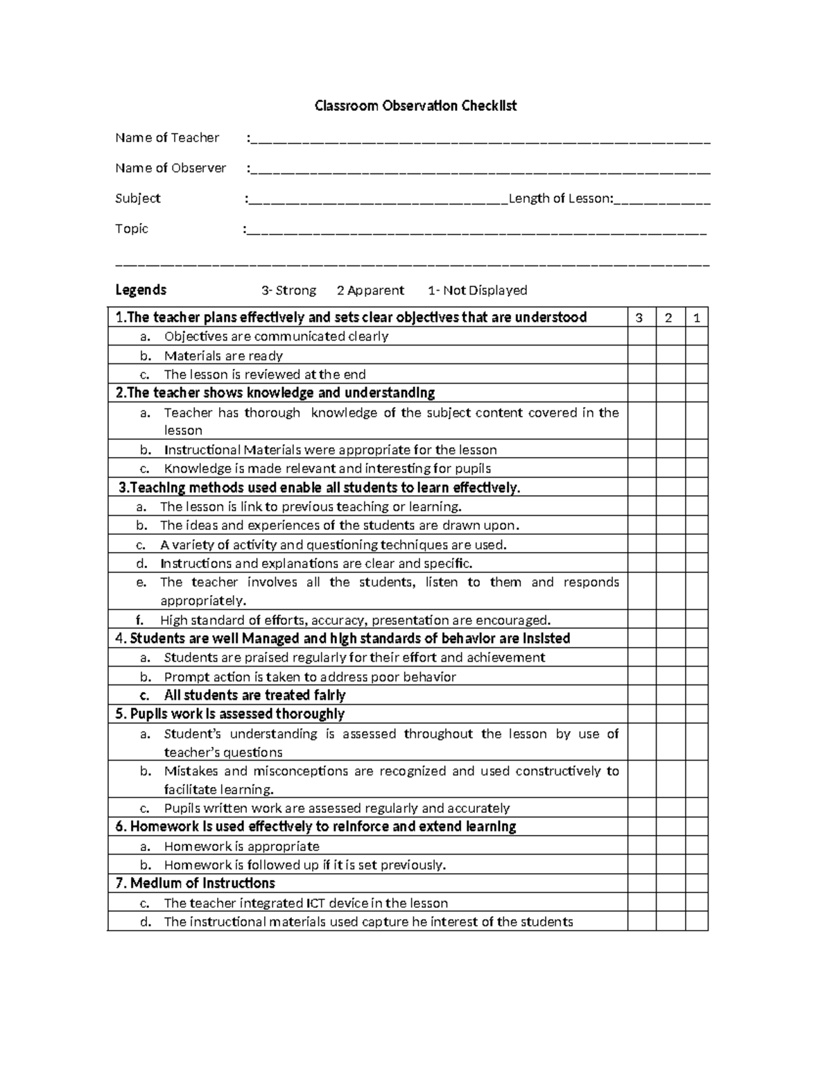 Classroom Observation Checklist - Objectives are communicated clearly b ...